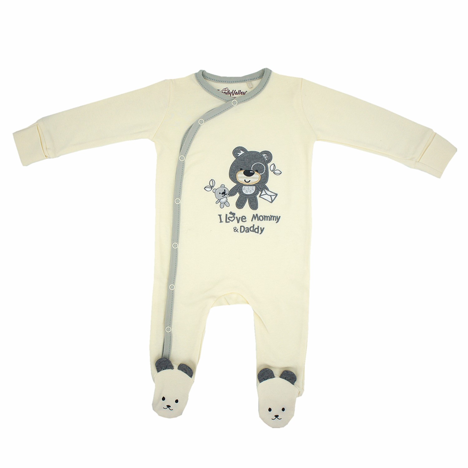 Trendyvalley Organic Cotton One Piece Romper With Hands and Feet Covered Bear