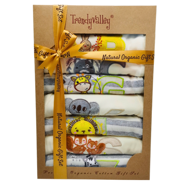 Trendyvalley Organic Cotton 7 Pcs Baby Romper Gift Box Alphabet Series