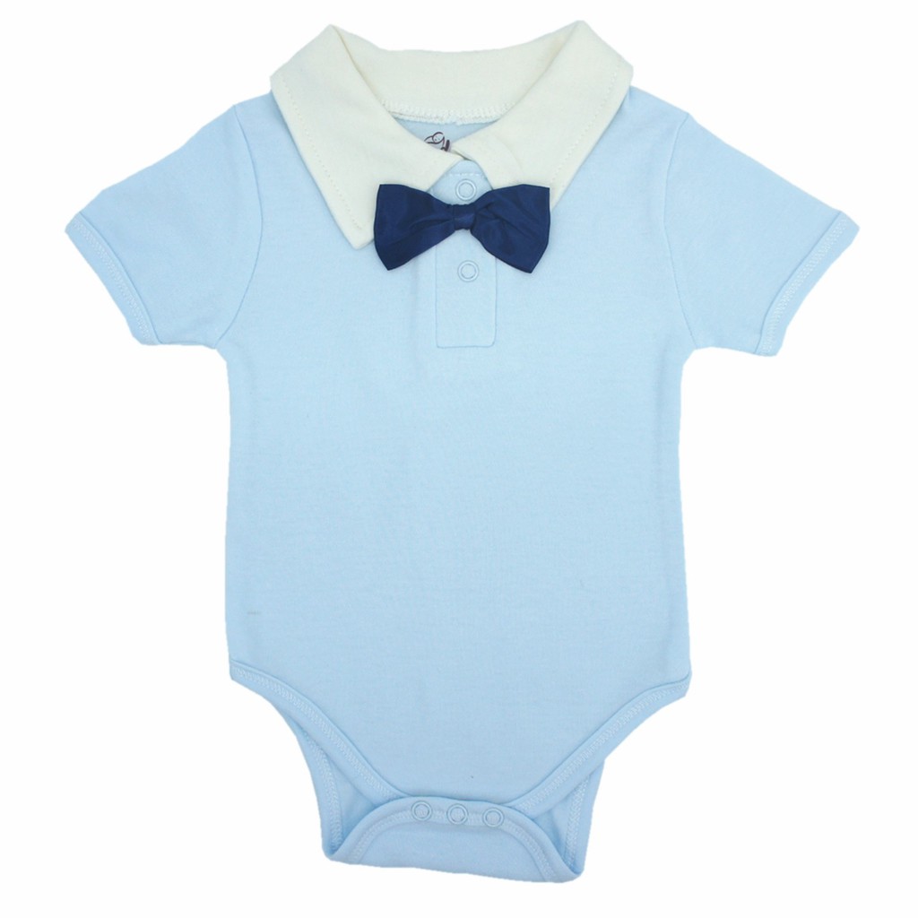 Trendyvalley Organic Cotton Short Sleeve Blue Romper With Bow Tie