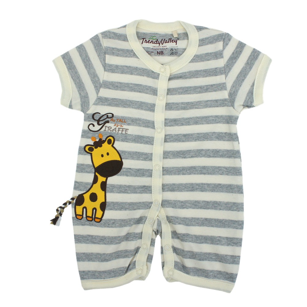 TRENDYVALLEY Organic Cotton Short Sleeve Pants Baby Romper - Giraffe/Grey