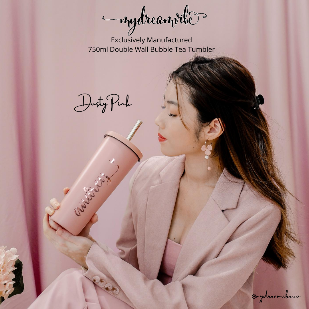 750ml Double Wall Stainless Steel Bubble Tea Tumbler with Straw and Covered Lid - BLACK / PINK / BLUE-MyDreamVibe.Co