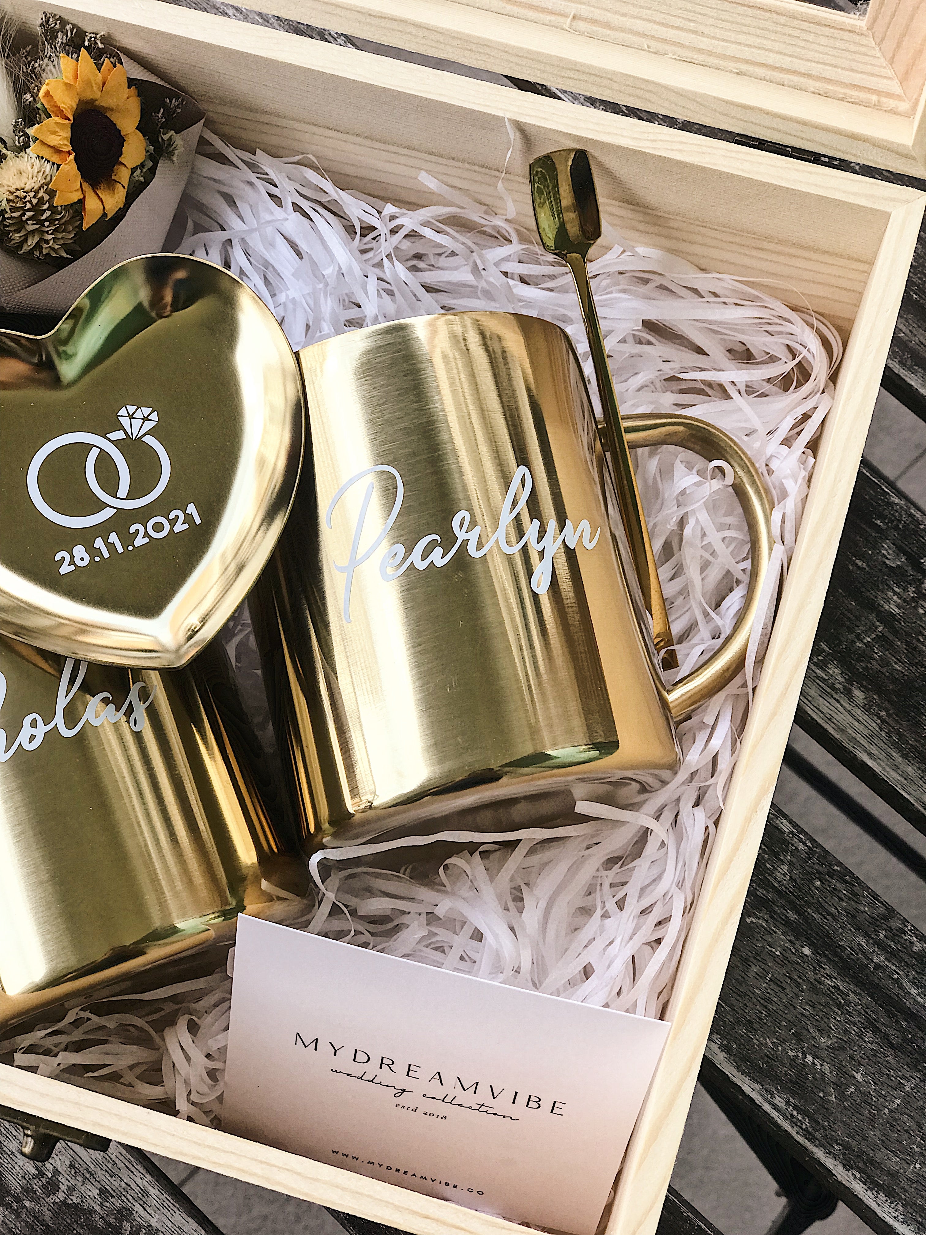 Wedding Gift - Couple Luxe Gold Stainless Steel Mugs in Wooden Box (Option to Add Heart Tray or Long Gold Tray)-MyDreamVibe.Co