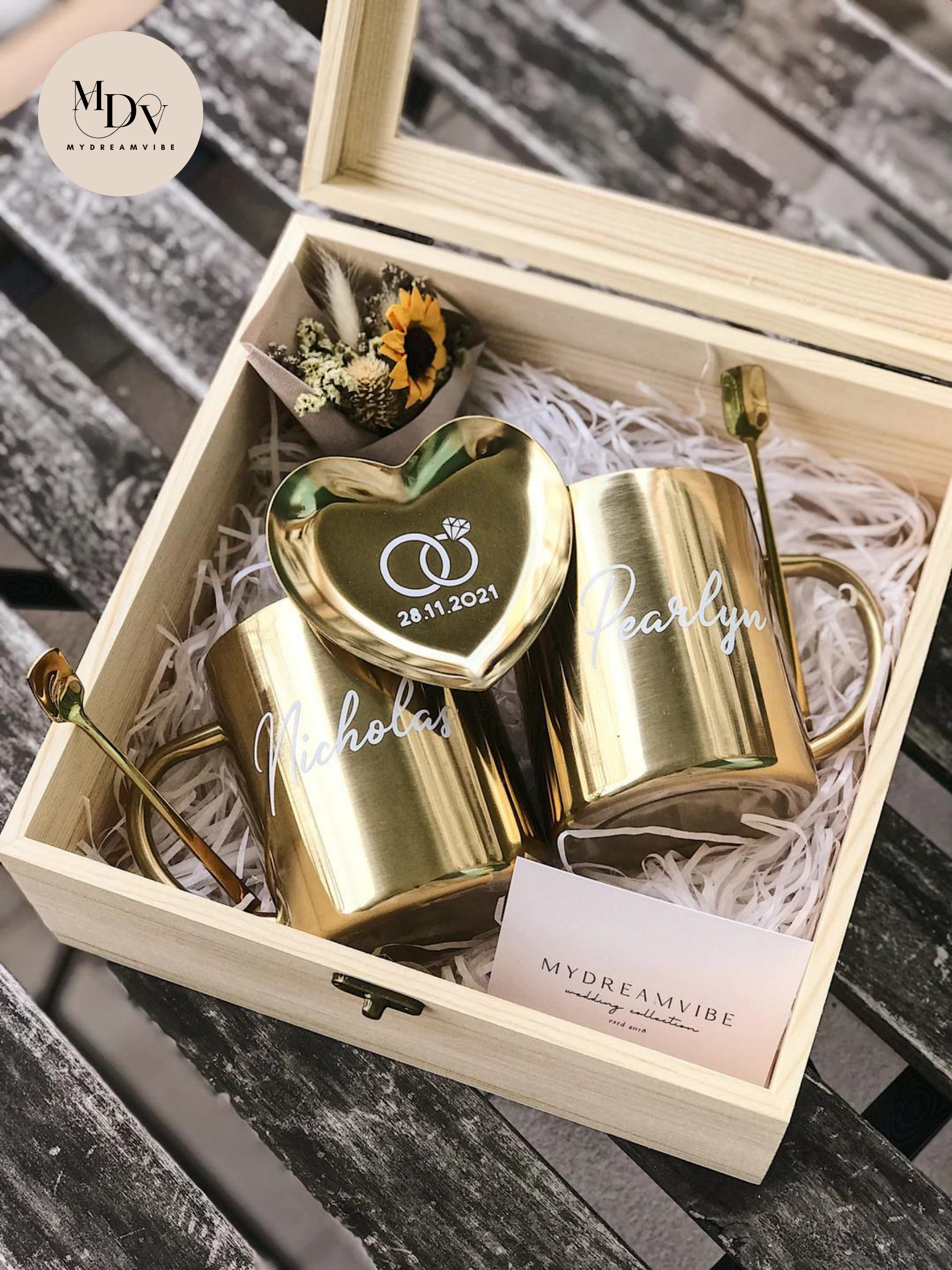 Wedding Gift - Couple Luxe Gold Stainless Steel Mugs in Wooden Box (Option to Add Heart Tray or Long Gold Tray)-MyDreamVibe.Co