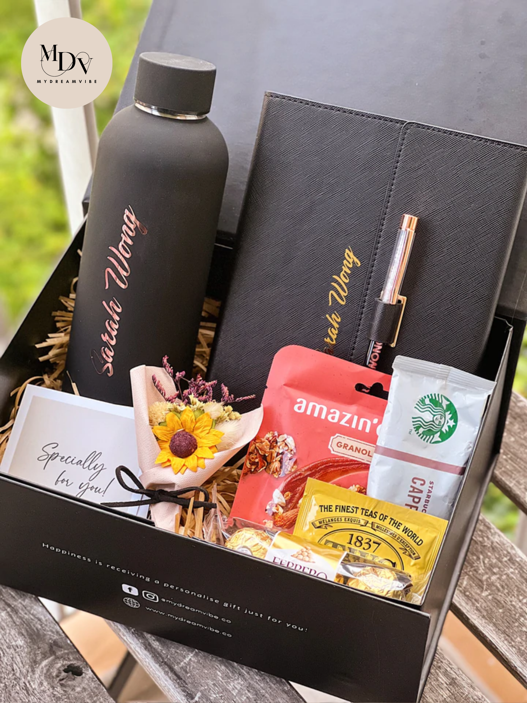 [GIFT A TREAT] : Vacuum Insulated Flask/Bottle with A5 Leather Notebook, Holder & Pen with Treats (Option to Add Wooden Box) *More Colours - MyDreamVibe.Co