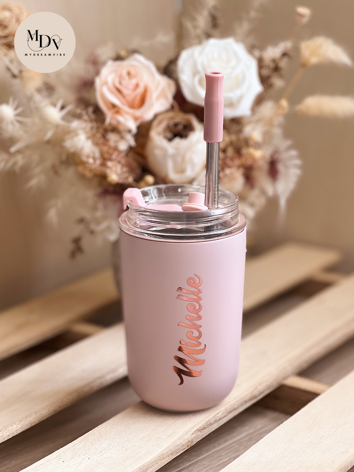 280ml Double Wall Stainless Steel Coffee Cup with Straw - LIGHT PINK-MyDreamVibe.Co