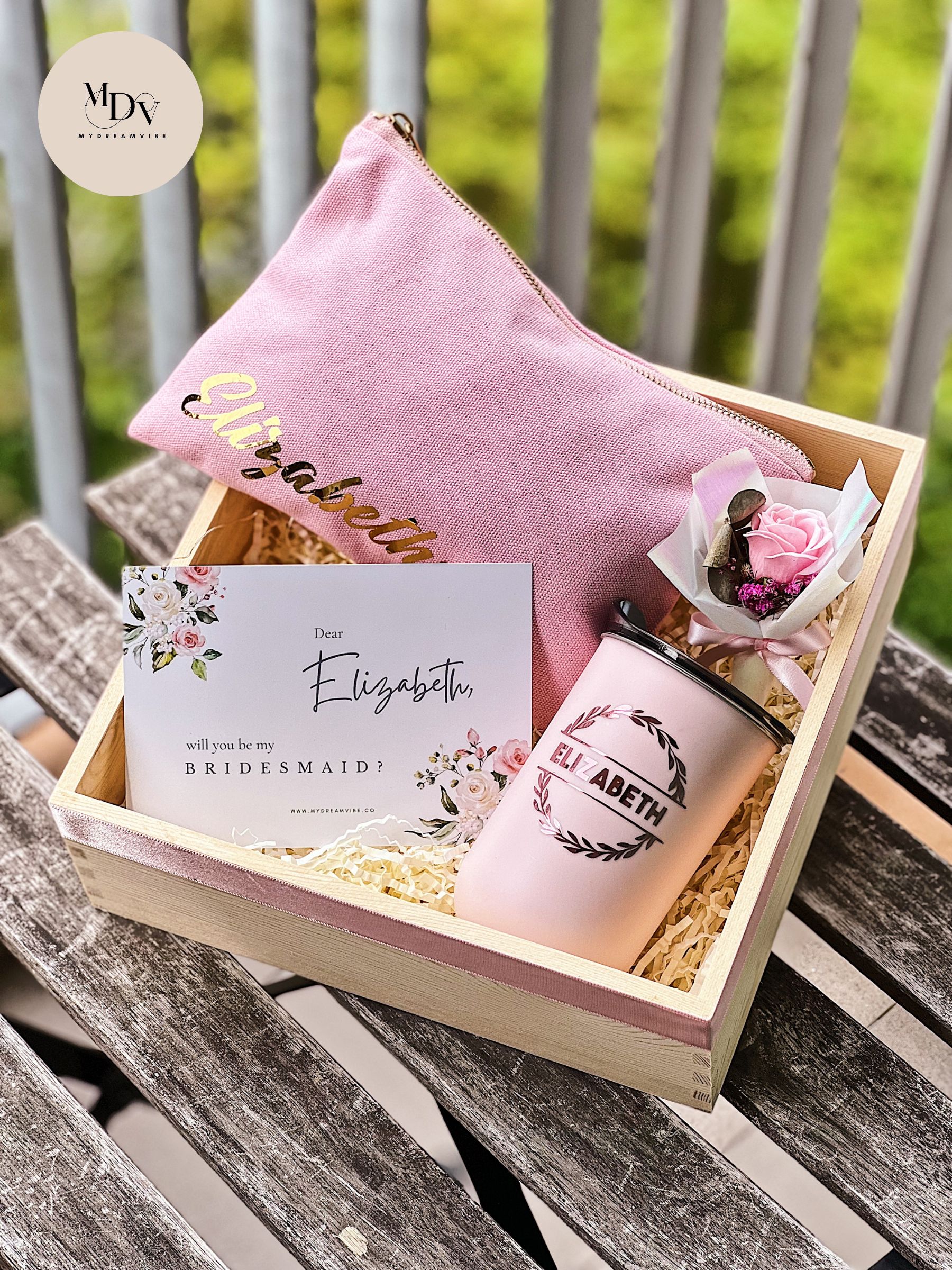 [4 - 6 Bridesmaids Package FREE 1 for Bride] : 300ml Coffee Cup with Canvas Pouch in Wooden Box *More Colours - MyDreamVibe.Co