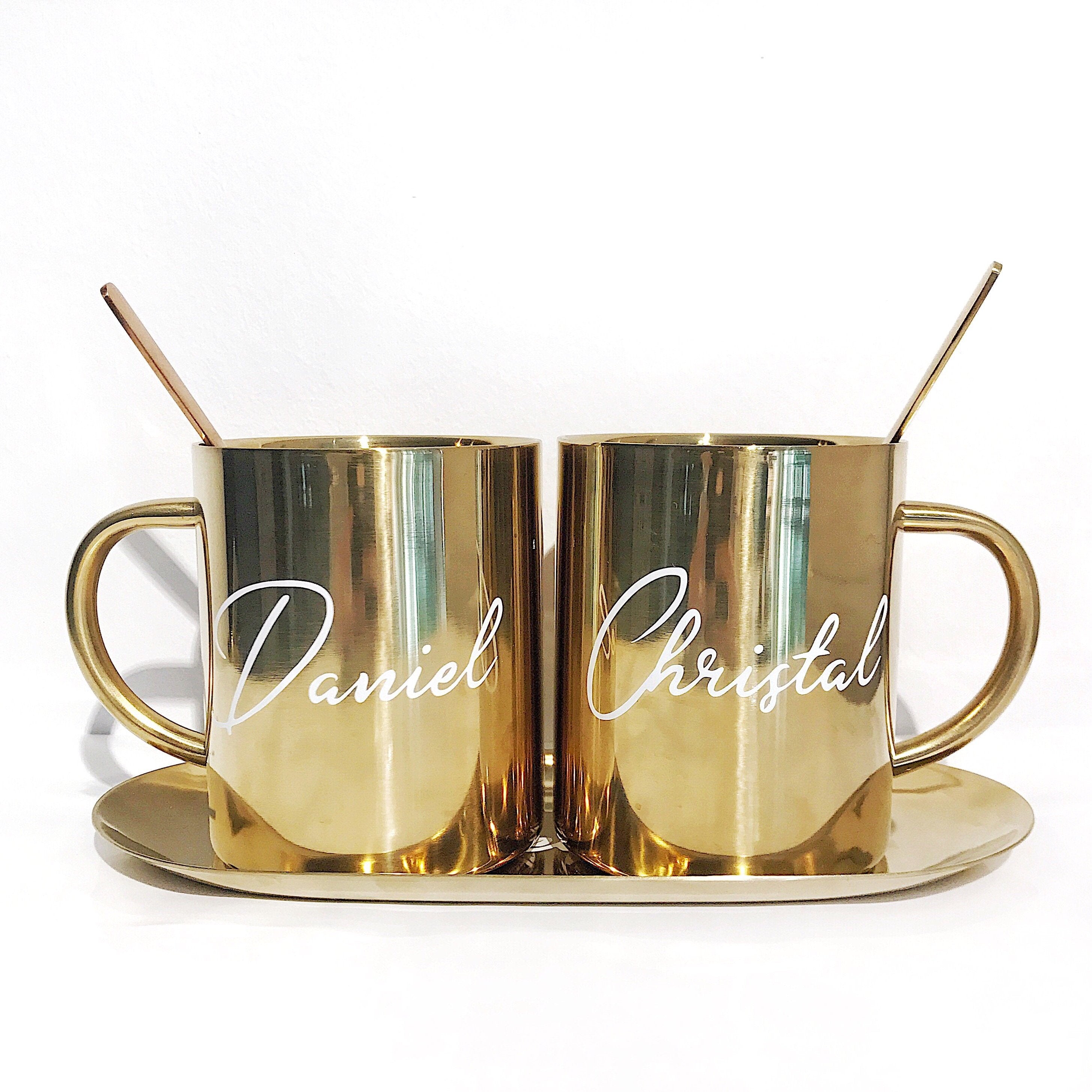 Couple Luxe Gold Stainless Steel Mugs with Teaspoon (Option to Add Gold Tray / Wooden Box)-MyDreamVibe.Co