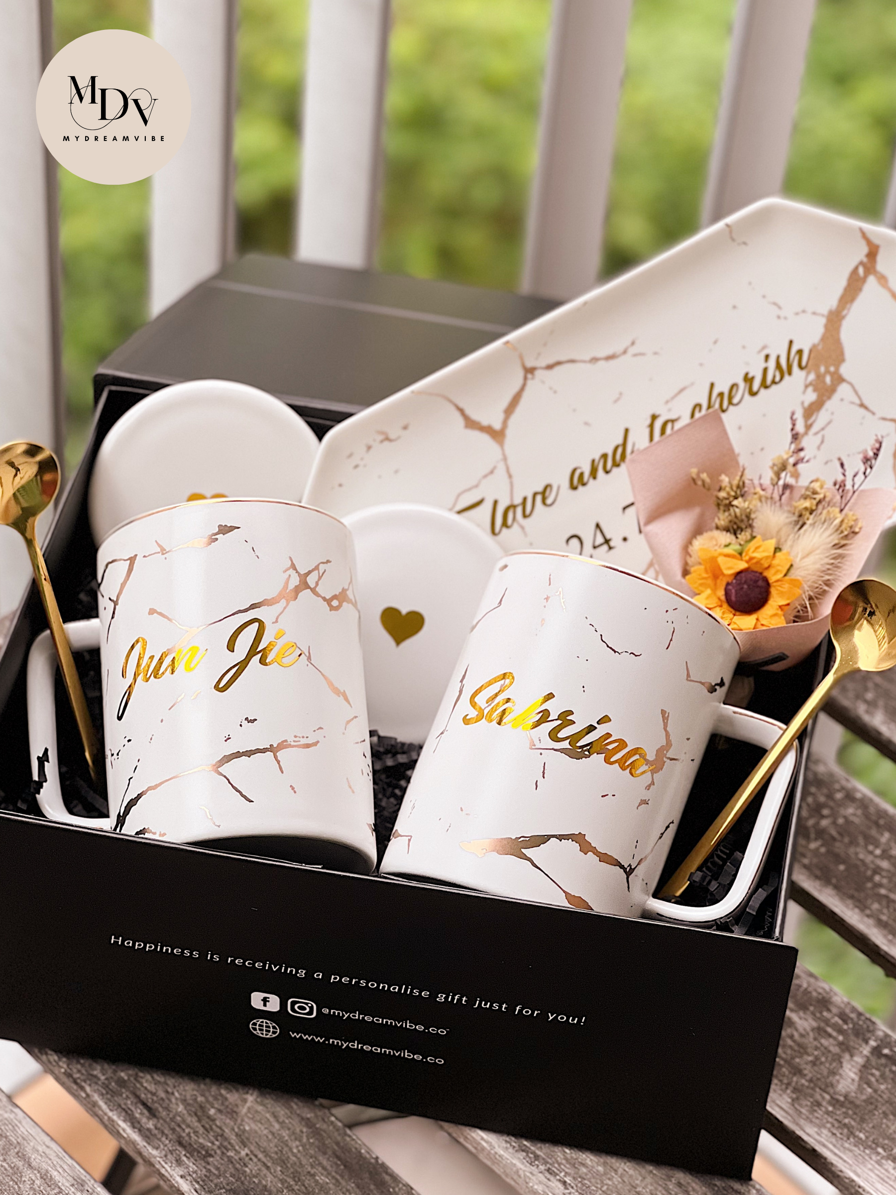 450ml Couple Nordic White Gold Marble Mug with Lid and Gold Spoon (Option to Add Long Tray / Wooden Box) -MyDreamVibe.Co