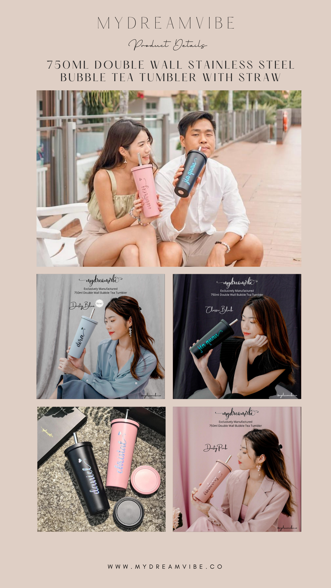 750ml Double Wall Stainless Steel Bubble Tea Tumbler with Straw and Covered Lid - BLACK / PINK / BLUE-MyDreamVibe.Co