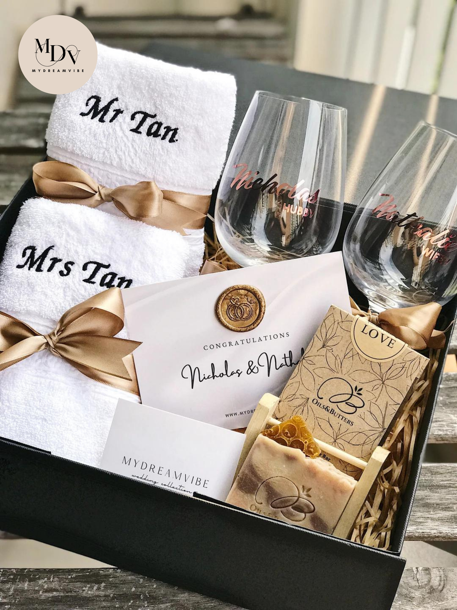 Wedding Gift - Couple Embroidered Personalise Towel with Wine Glass and Soap Bar-MyDreamVibe.Co