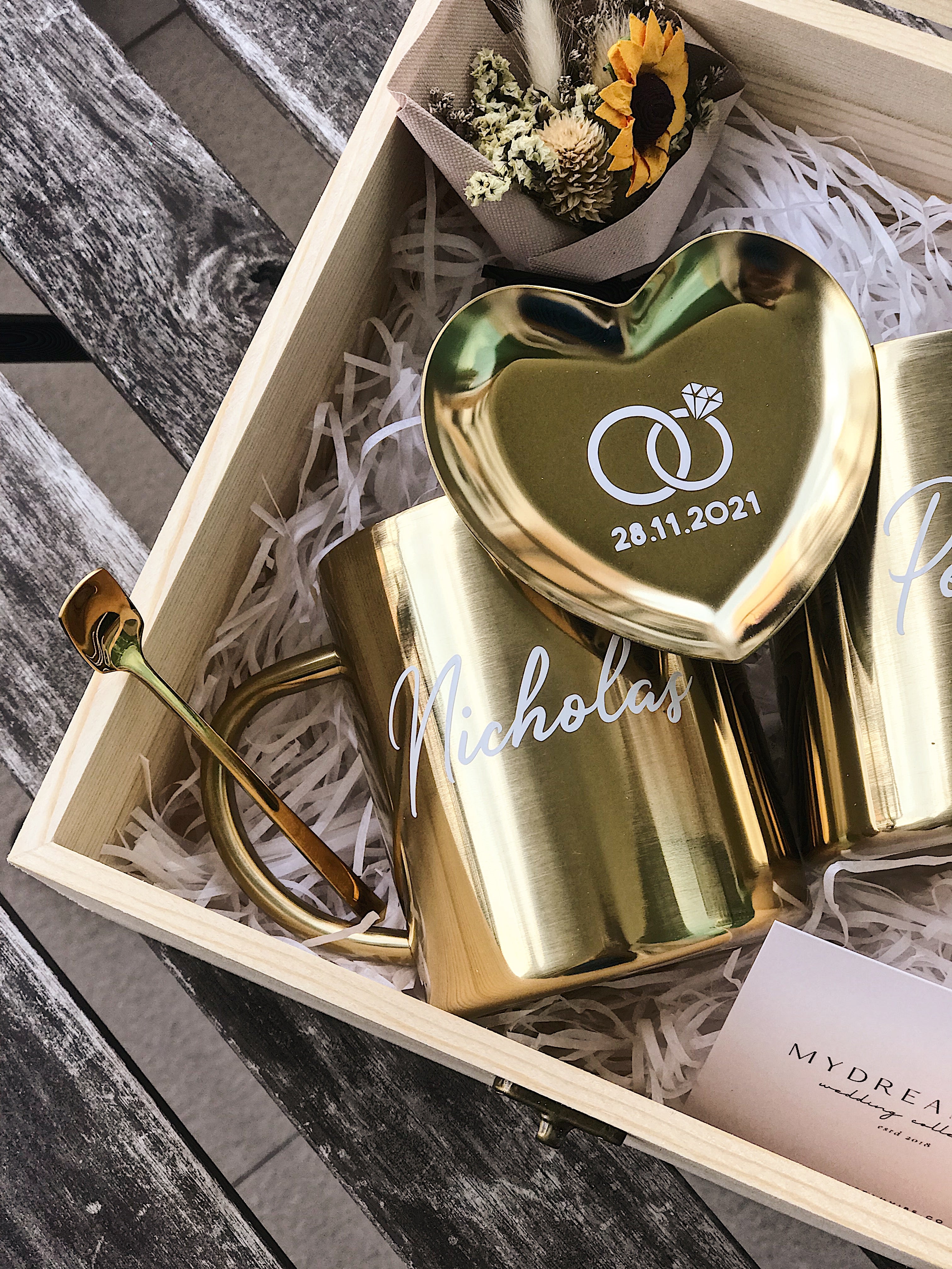 Wedding Gift - Couple Luxe Gold Stainless Steel Mugs in Wooden Box (Option to Add Heart Tray or Long Gold Tray)-MyDreamVibe.Co
