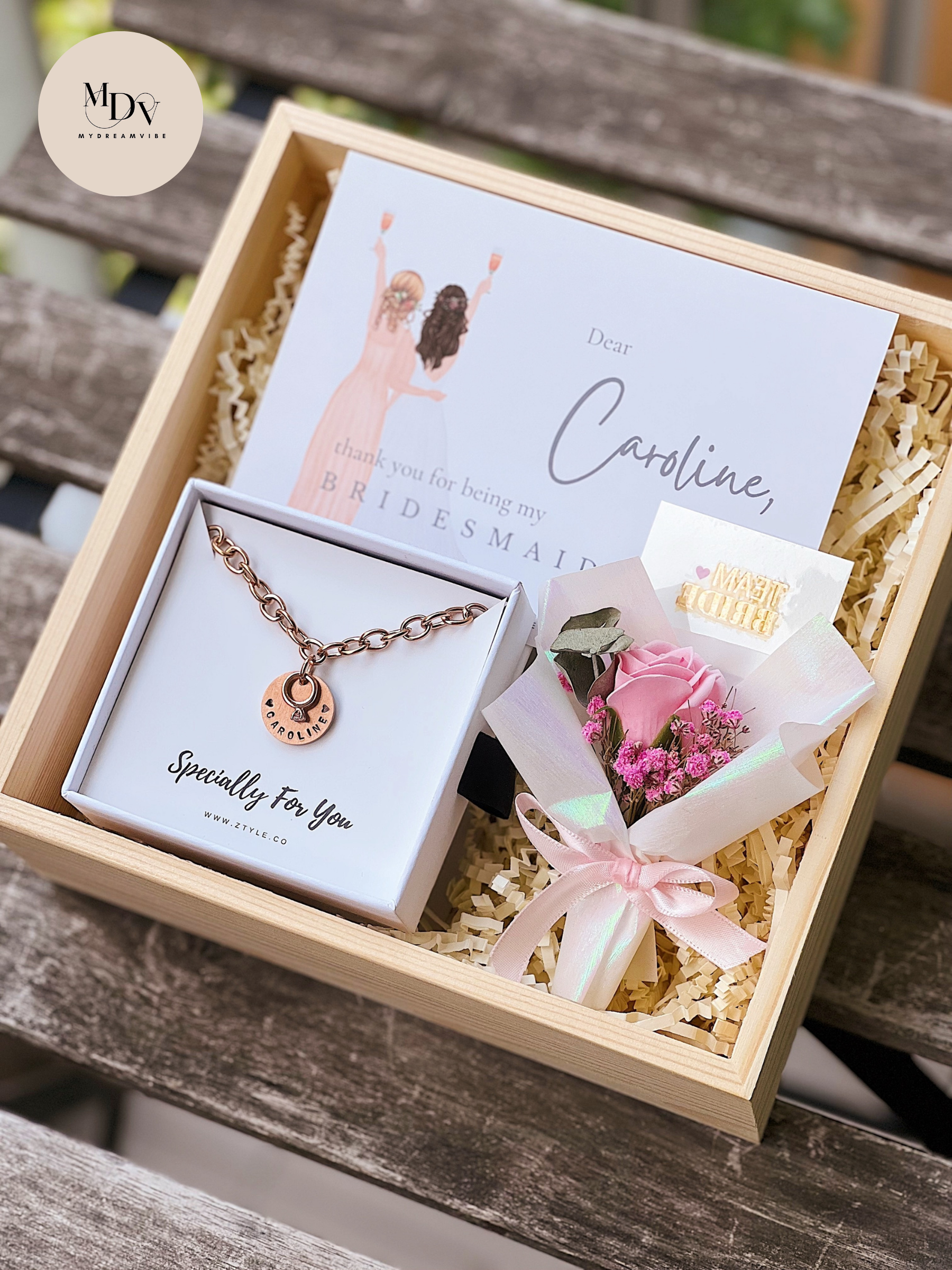 [4 - 6 Bridesmaids Package FREE 1 for Bride] : ZTYLECO Charm Necklace / Bracelets in Wooden Box-MyDreamVibe.Co
