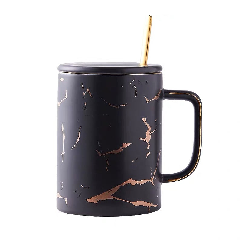 450ml Nordic Marble Mug with Lid and Gold Spoon - BLACK / TIFFANY / WHITE / PINK-MyDreamVibe.Co