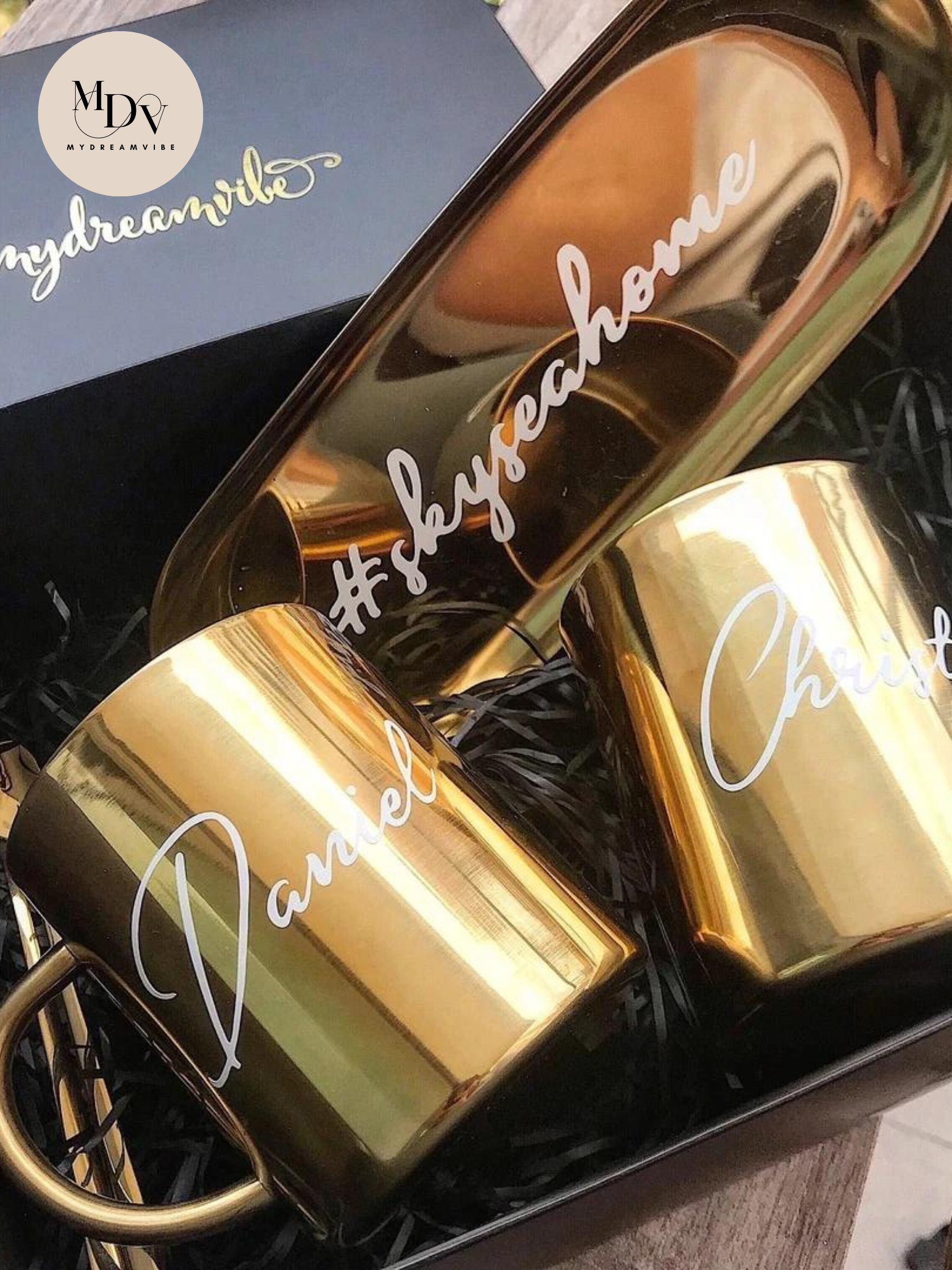 Couple Luxe Gold Stainless Steel Mugs with Teaspoon (Option to Add Gold Tray / Wooden Box)-MyDreamVibe.Co