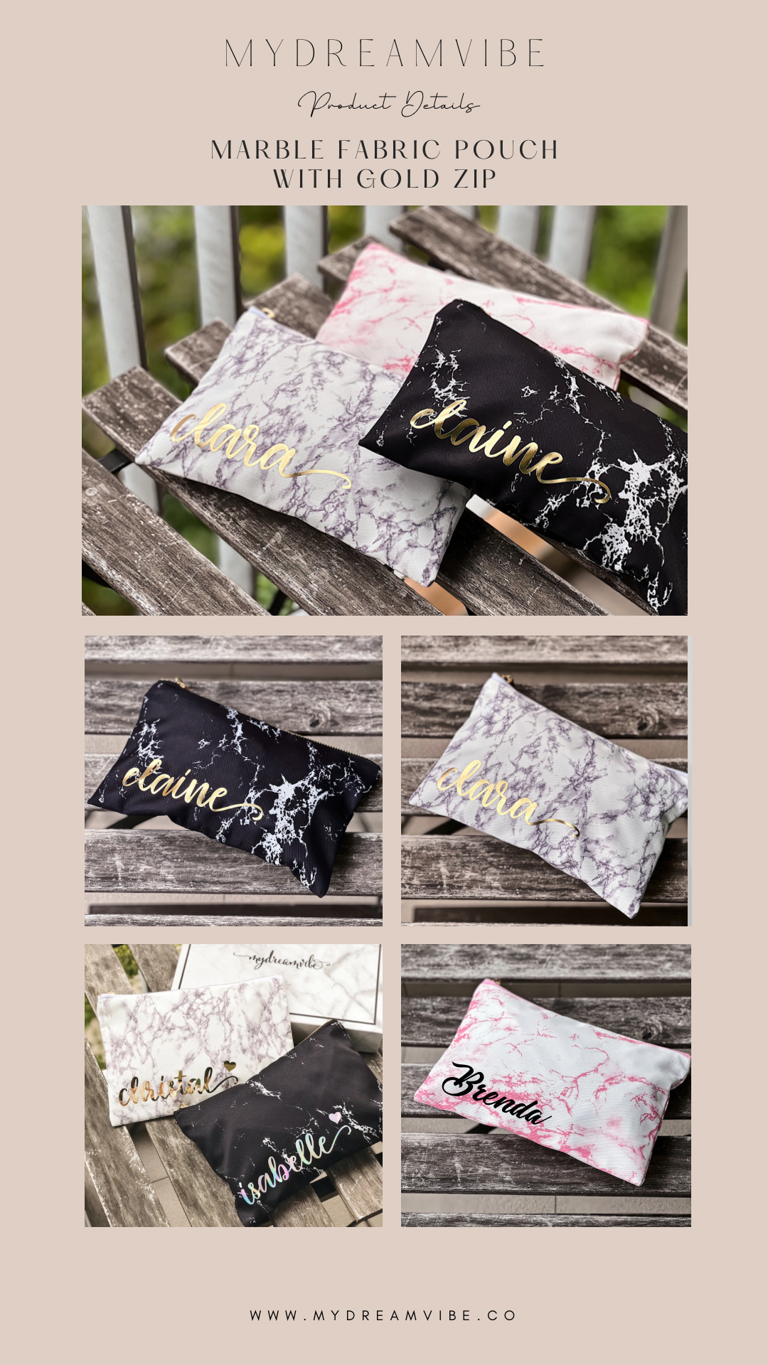 Marble Fabric Pouch - BLACK / WHITE / PINK-MyDreamVibe.Co