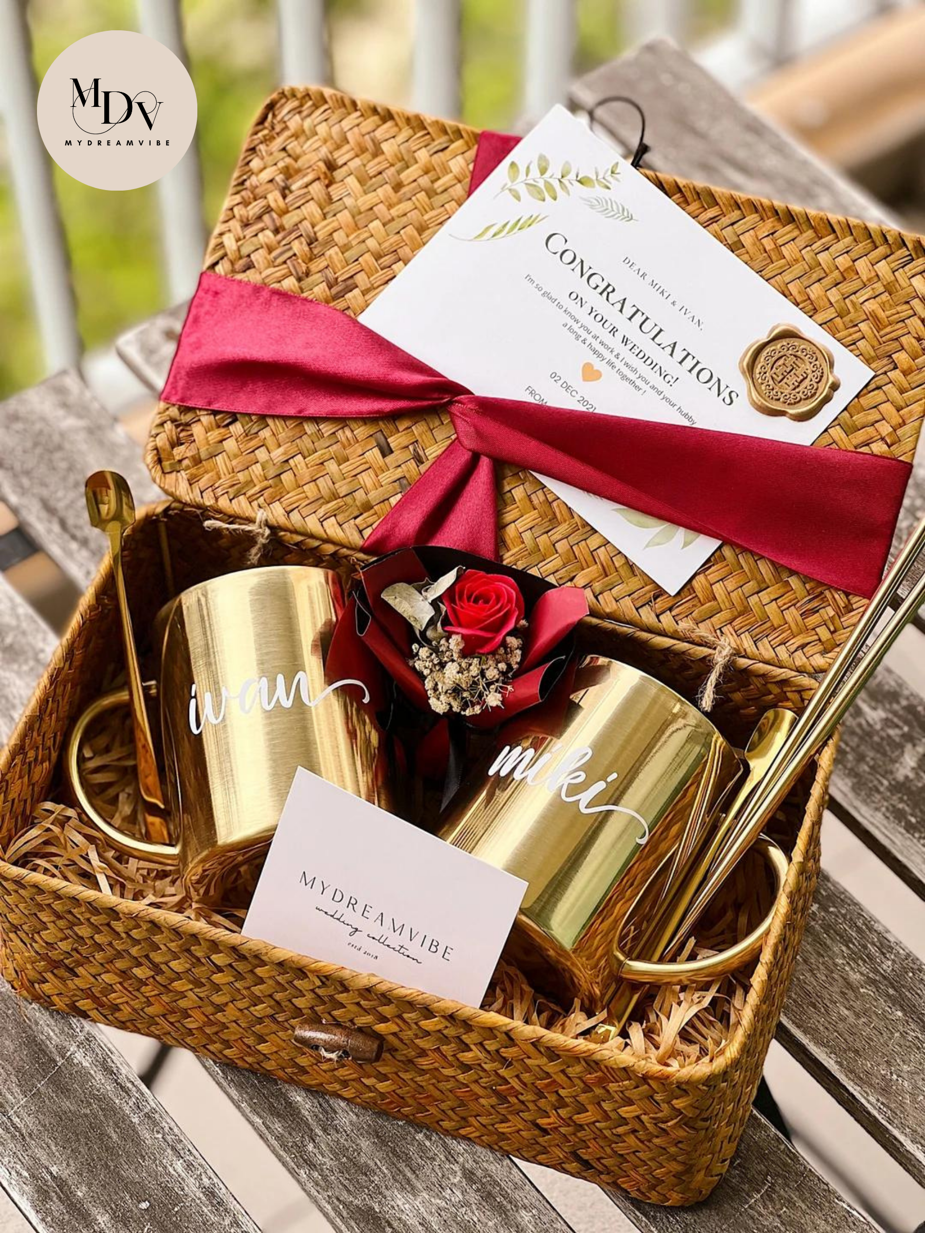 Wedding Gift - Couple Luxe Gold Stainless Steel Mugs in Rattan Basket FREE Silver Steel Straws (Option to Add Heart Tray)-MyDreamVibe.Co