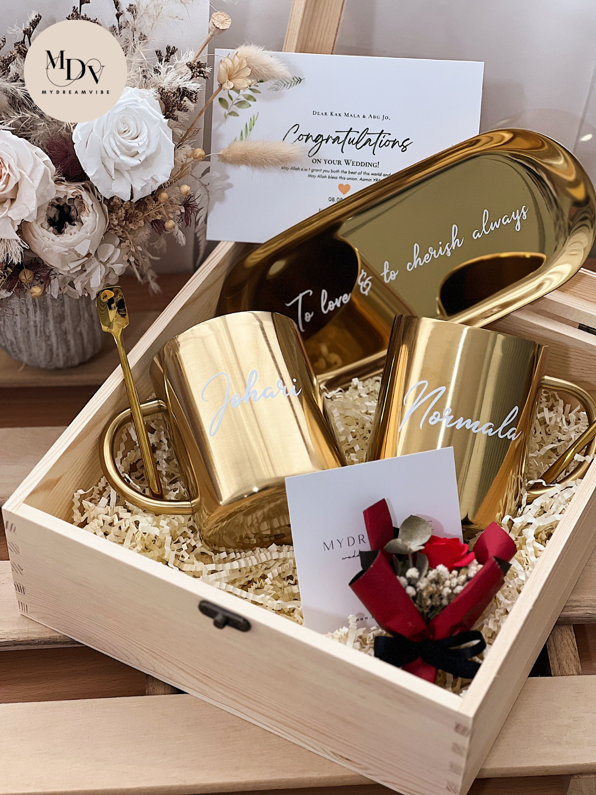 Wedding Gift - Couple Luxe Gold Stainless Steel Mugs with Long Oval Tray in Wooden Box