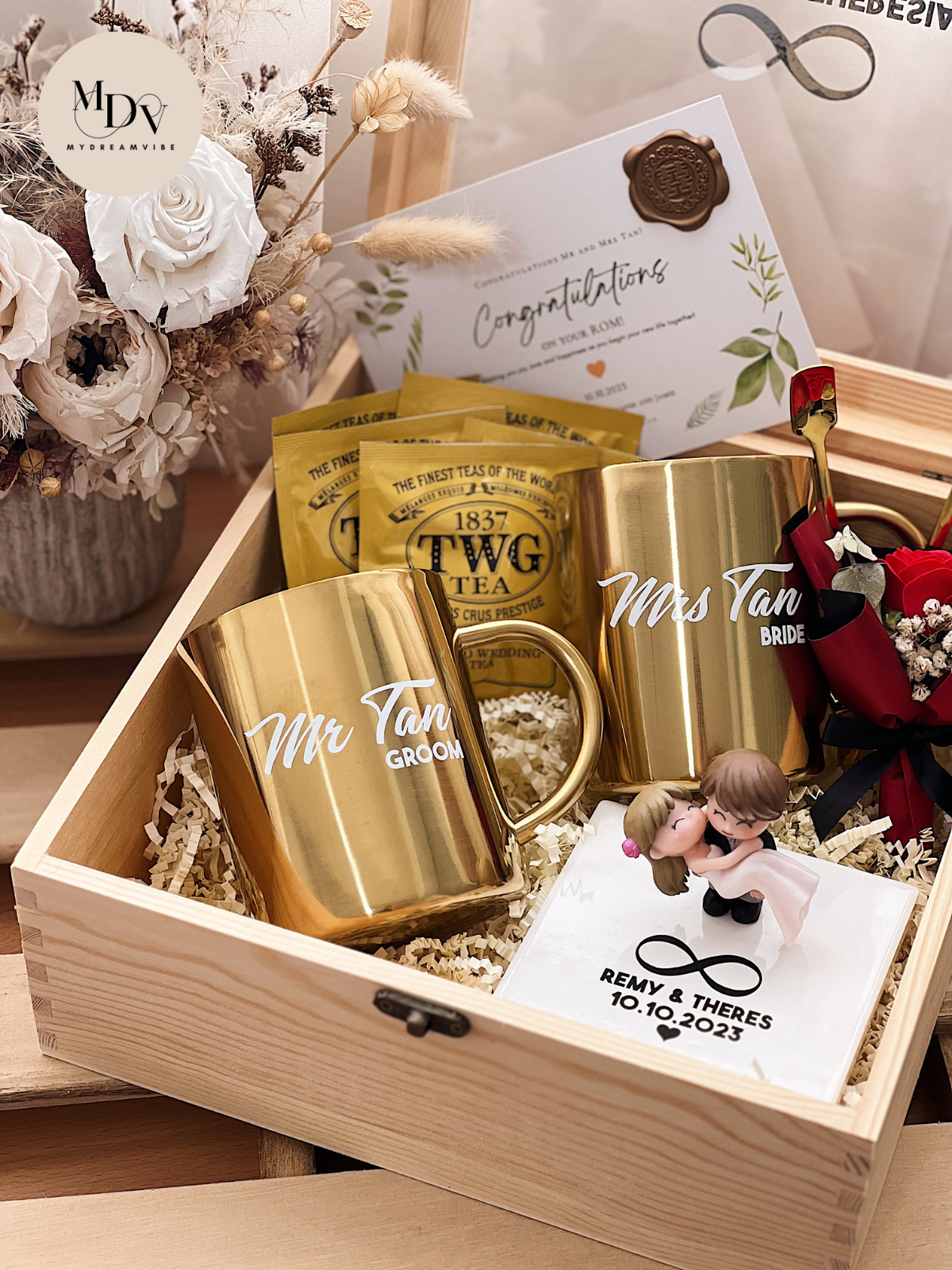 Wedding Gift  - Stainless Steel Gold Mug with Figurine Display and TWG Grand Wedding Tea in Wooden Box