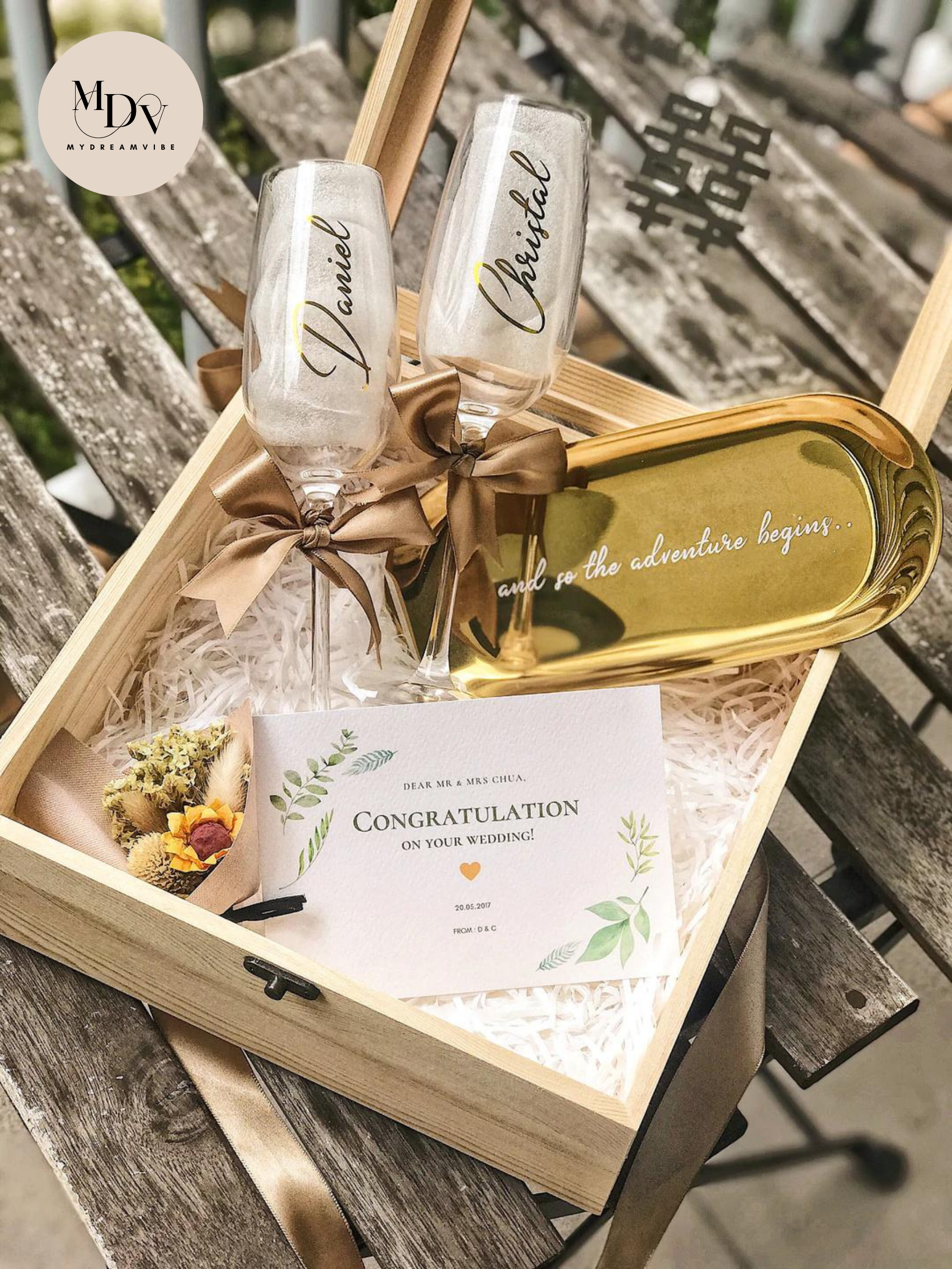 Wedding Gift - Couple Champagne Glass in Wooden Box (Option to Add Gold Tray)-MyDreamVibe.Co