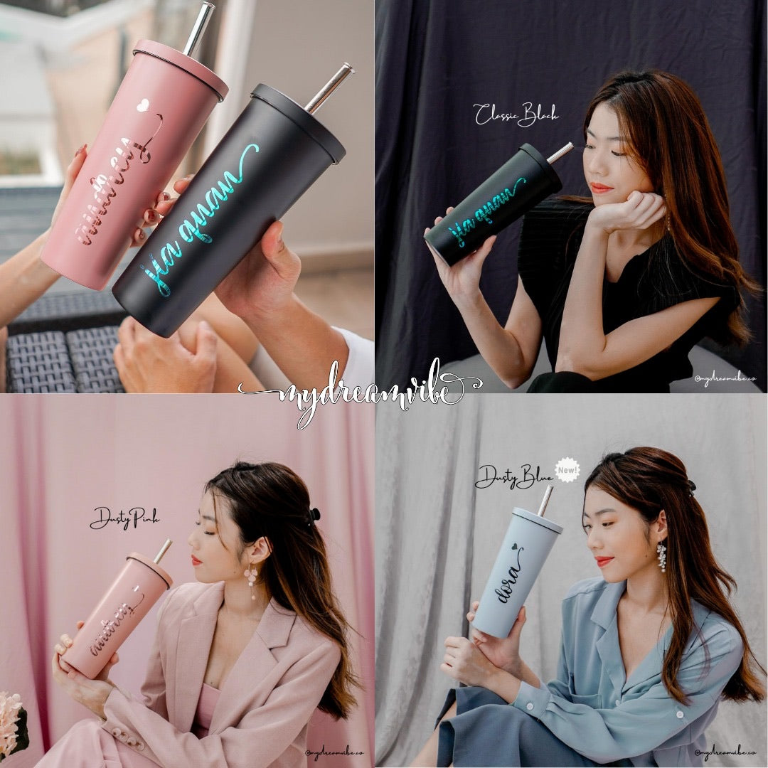 750ml Double Wall Stainless Steel Bubble Tea Tumbler with Straw and Covered Lid - BLACK / PINK / BLUE-MyDreamVibe.Co