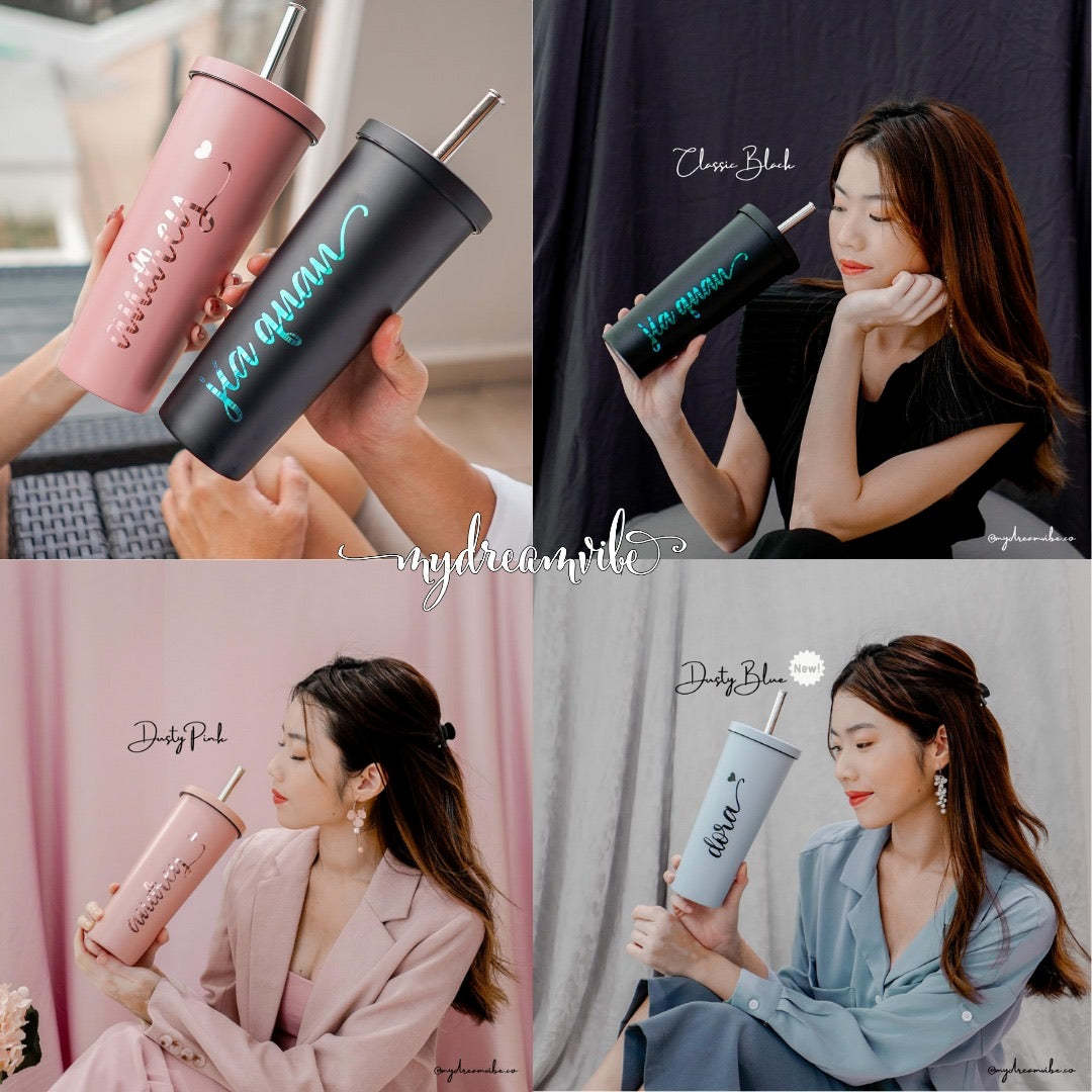 750ml Double Wall Stainless Steel Bubble Tea Tumbler with Straw and Covered Lid - BLACK / PINK / BLUE-MyDreamVibe.Co
