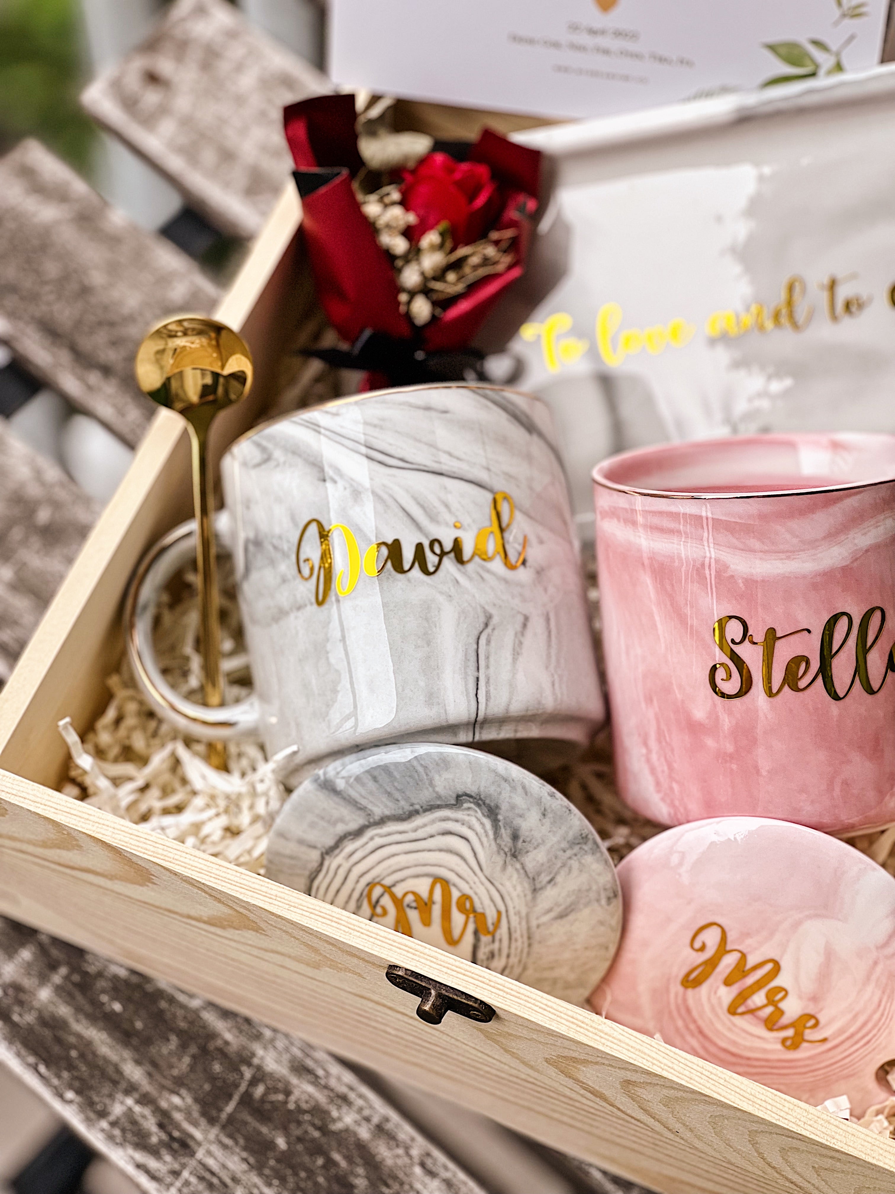 Wedding Gift - Couple Short Marble Mugs in Wooden Box (Option to Add Tray)-MyDreamVibe.Co