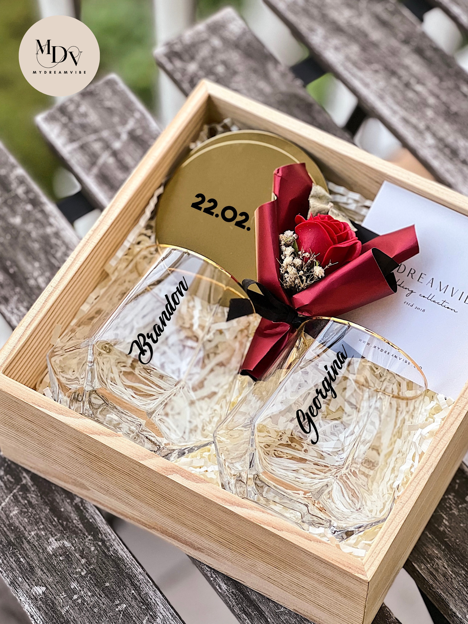 Wedding Gift - Couple Hexagon Glass with Gold Coasters in PVC Wooden Box-MyDreamVibe.Co