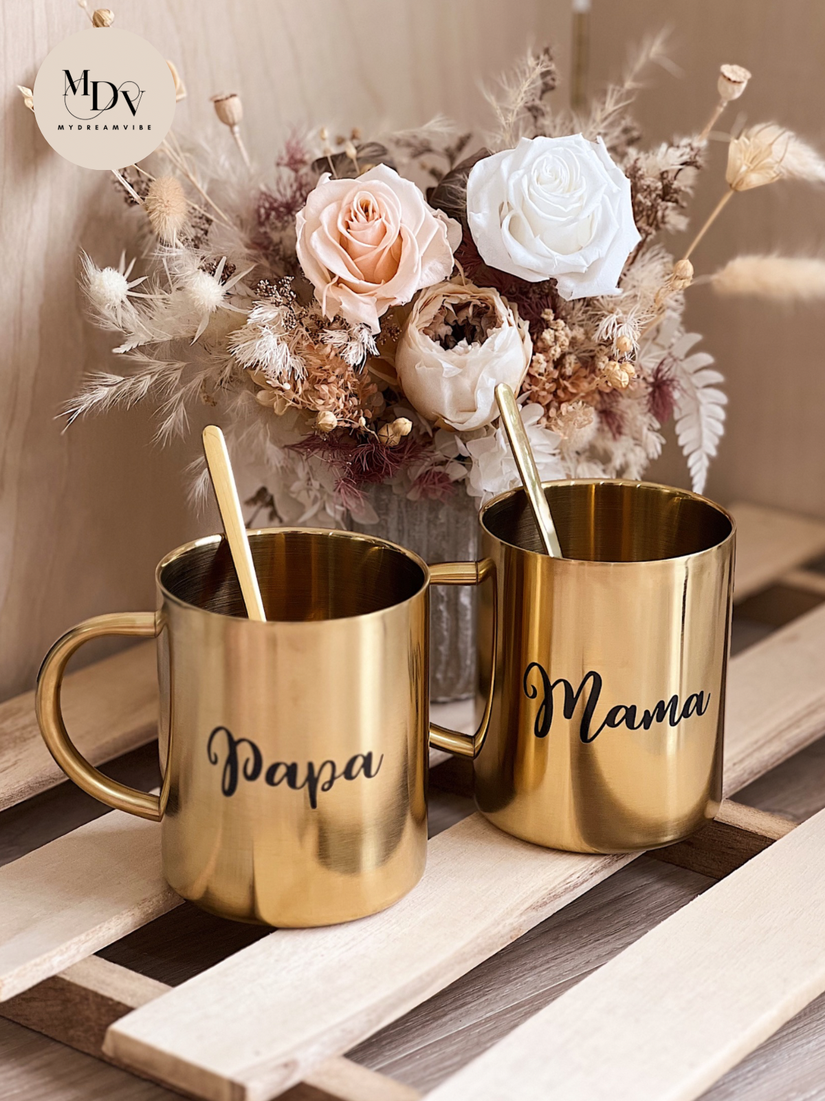 Couple Luxe Gold Stainless Steel Mugs with Teaspoon (Option to Add Gold Tray / Wooden Box)-MyDreamVibe.Co