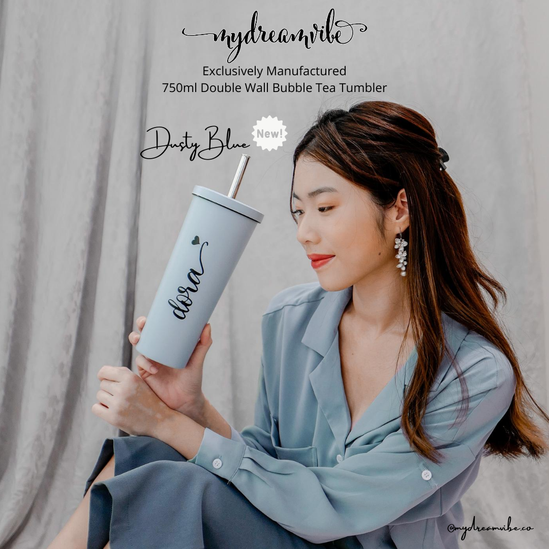 750ml Double Wall Stainless Steel Bubble Tea Tumbler with Straw and Covered Lid - BLACK / PINK / BLUE-MyDreamVibe.Co