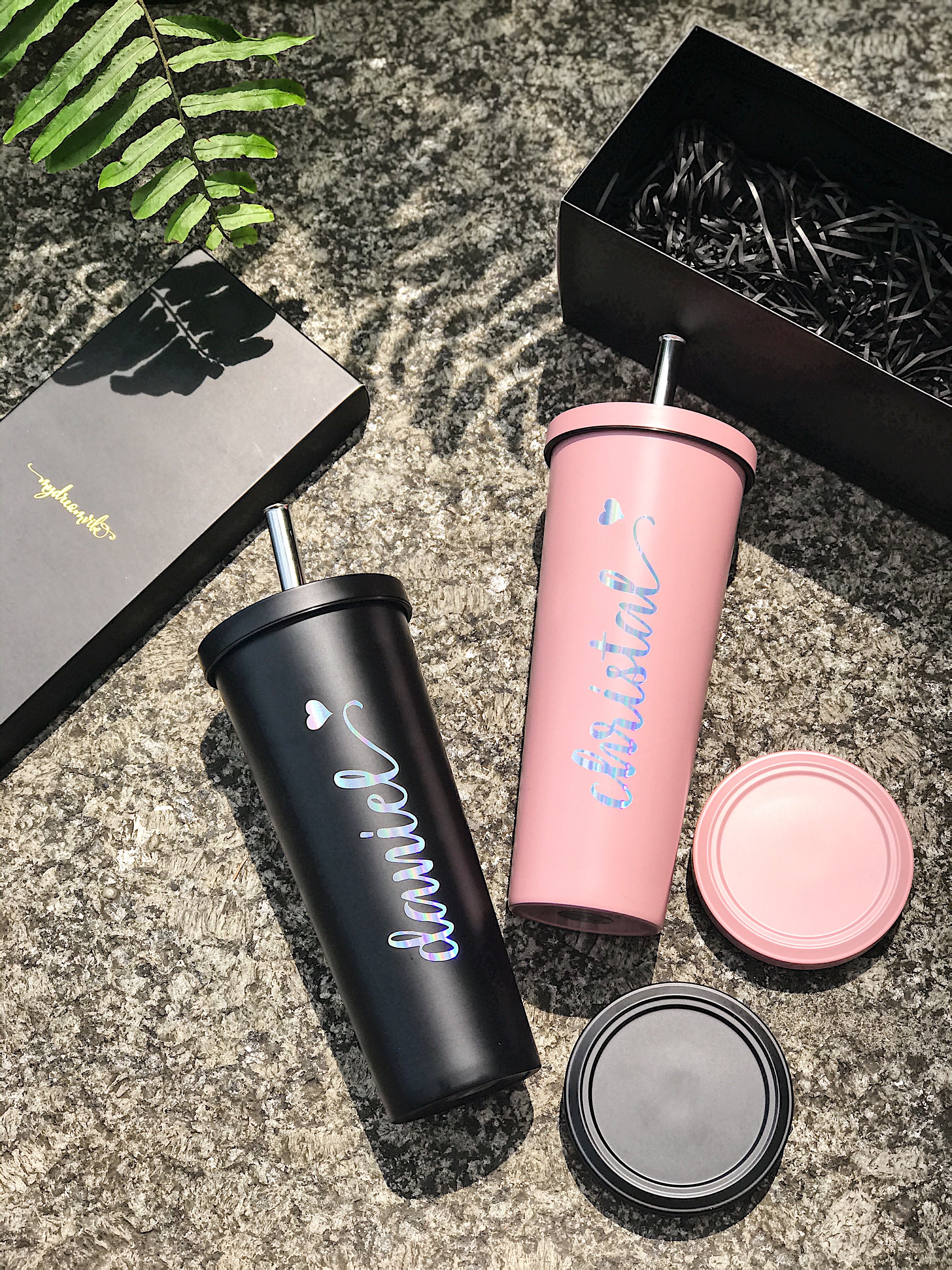 750ml Double Wall Stainless Steel Bubble Tea Tumbler with Straw and Covered Lid - BLACK / PINK / BLUE-MyDreamVibe.Co