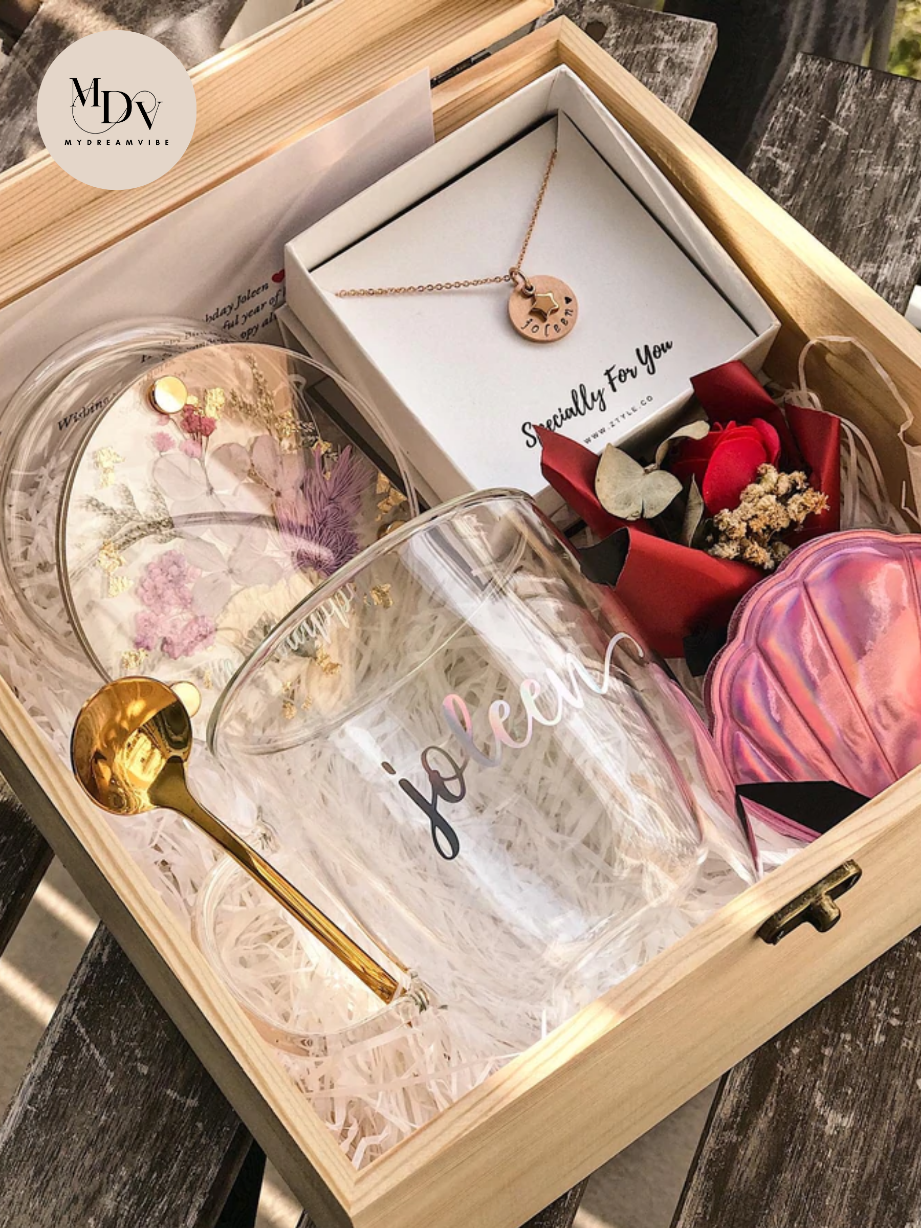 Double Wall Glass Mug with Floral Coaster and Necklace in Wooden Box (FREE Seashell Compact Mirror)-MyDreamVibe.Co
