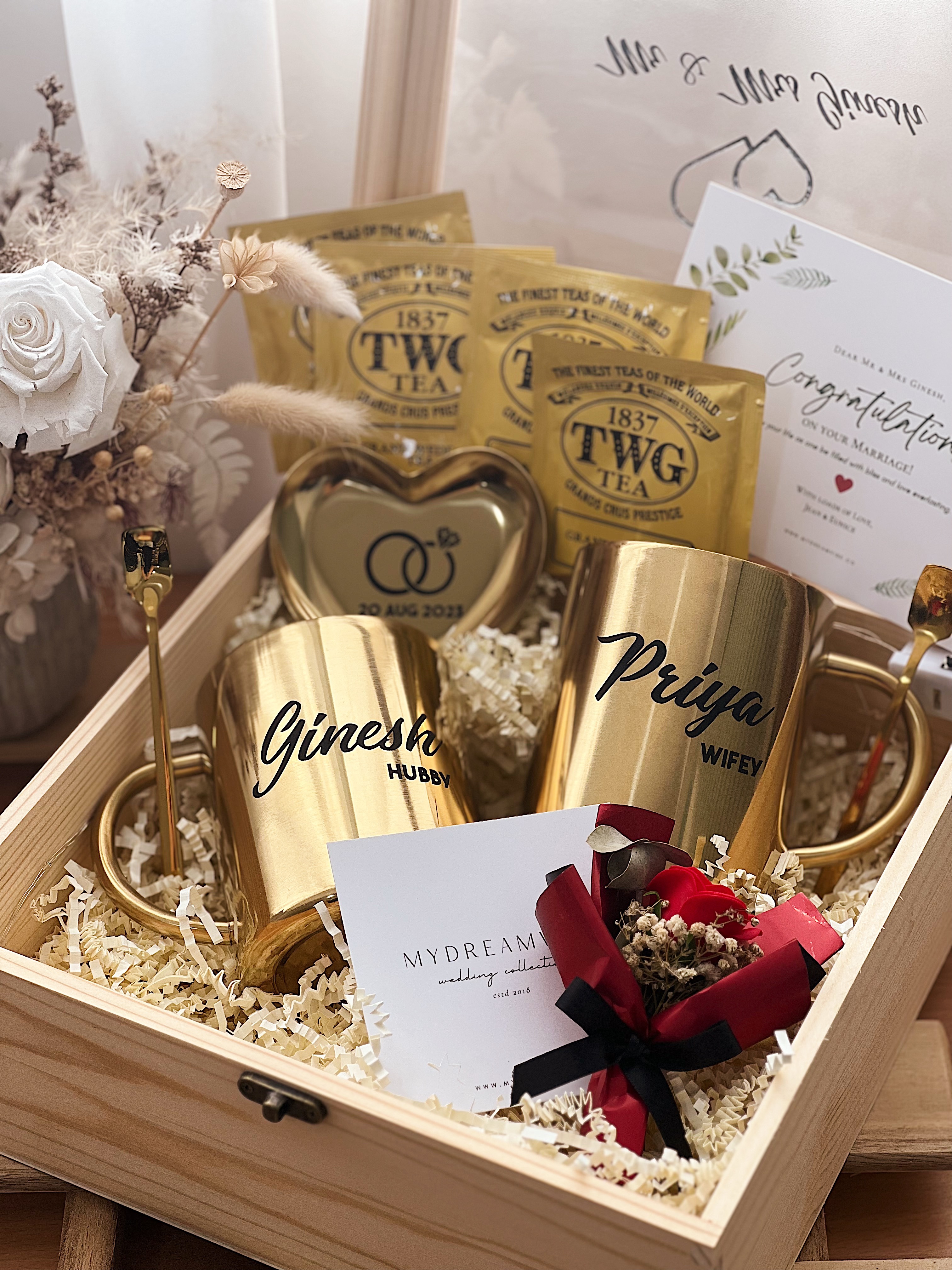 Wedding Gift - Couple Luxe Gold Stainless Steel Mugs with Heart Trinket Tray in Wooden Box
