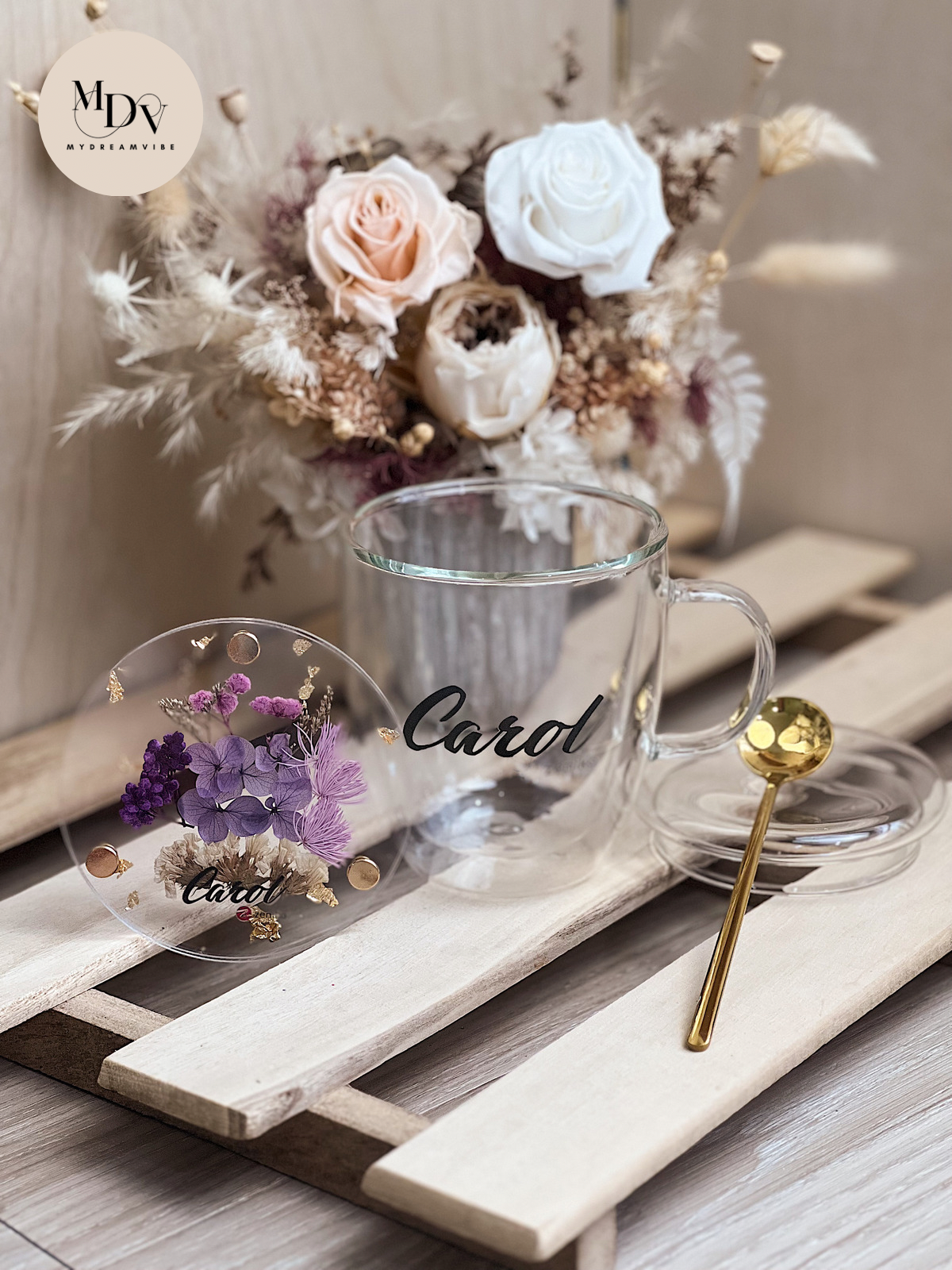 380ml Double Wall Glass Mug with Acrylic Floral Coaster