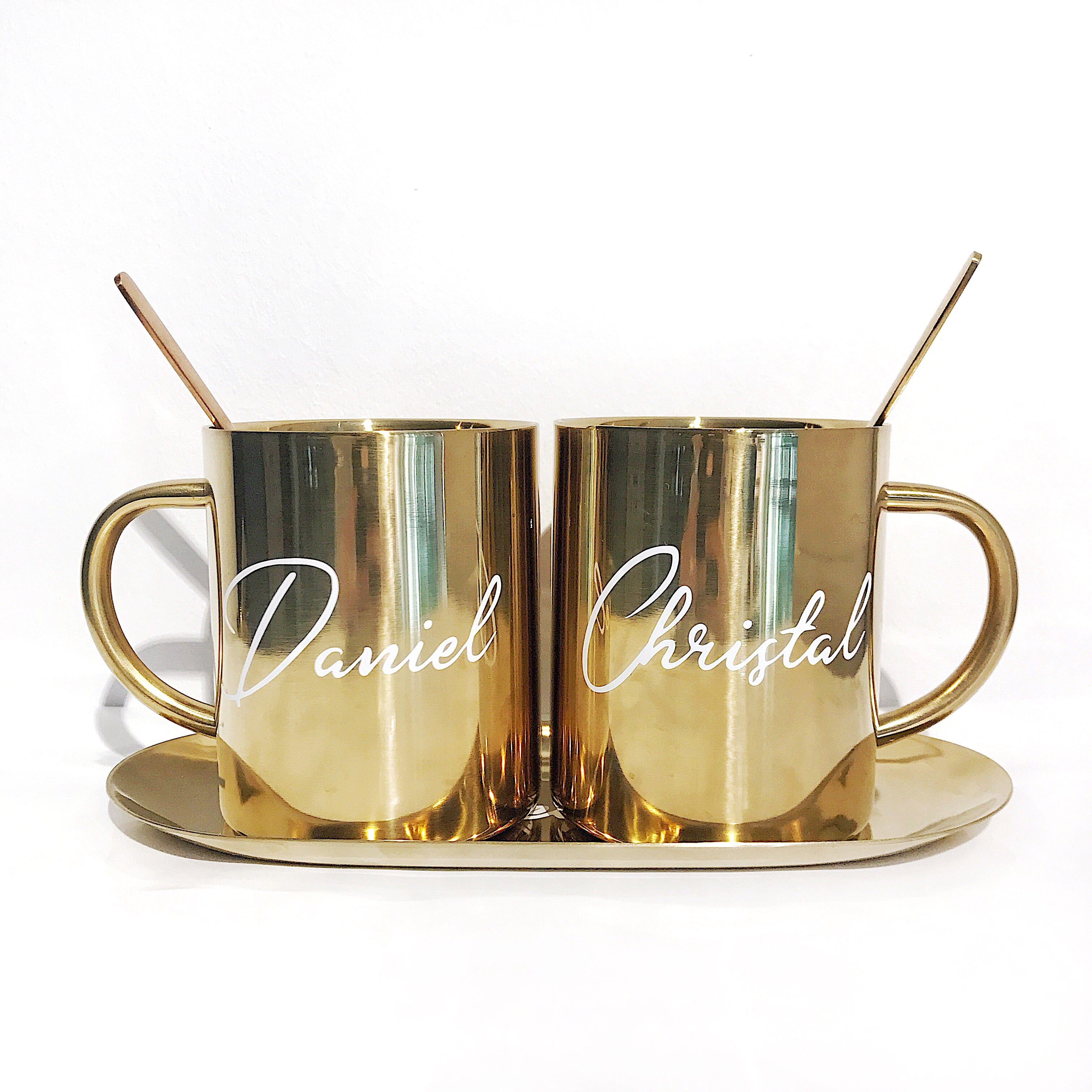 Wedding Gift - Couple Luxe Gold Stainless Steel Mugs in Wooden Box (Option to Add Heart Tray or Long Gold Tray)-MyDreamVibe.Co