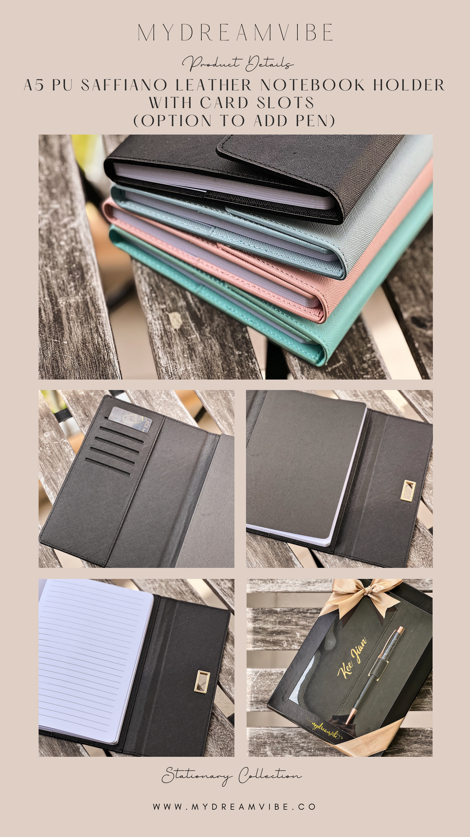 A5 PU Saffiano Leather Notebook Holder with Card Slots (Option to Add Pen)-MyDreamVibe.Co