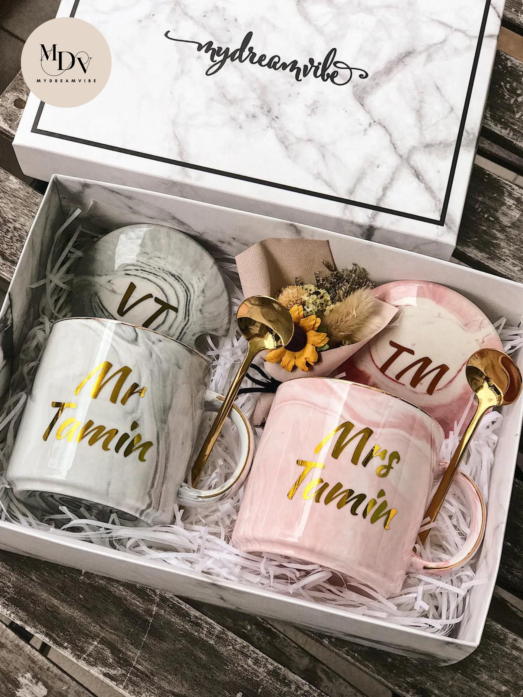Couple Grey / Blue / Pink Short Gold Trim  Marble Mug With Lid And Gold Spoon (Option to Add Wooden Box)-MyDreamVibe.Co