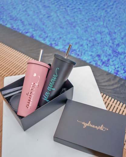 750ml Double Wall Stainless Steel Bubble Tea Tumbler with Straw and Covered Lid - BLACK / PINK / BLUE-MyDreamVibe.Co