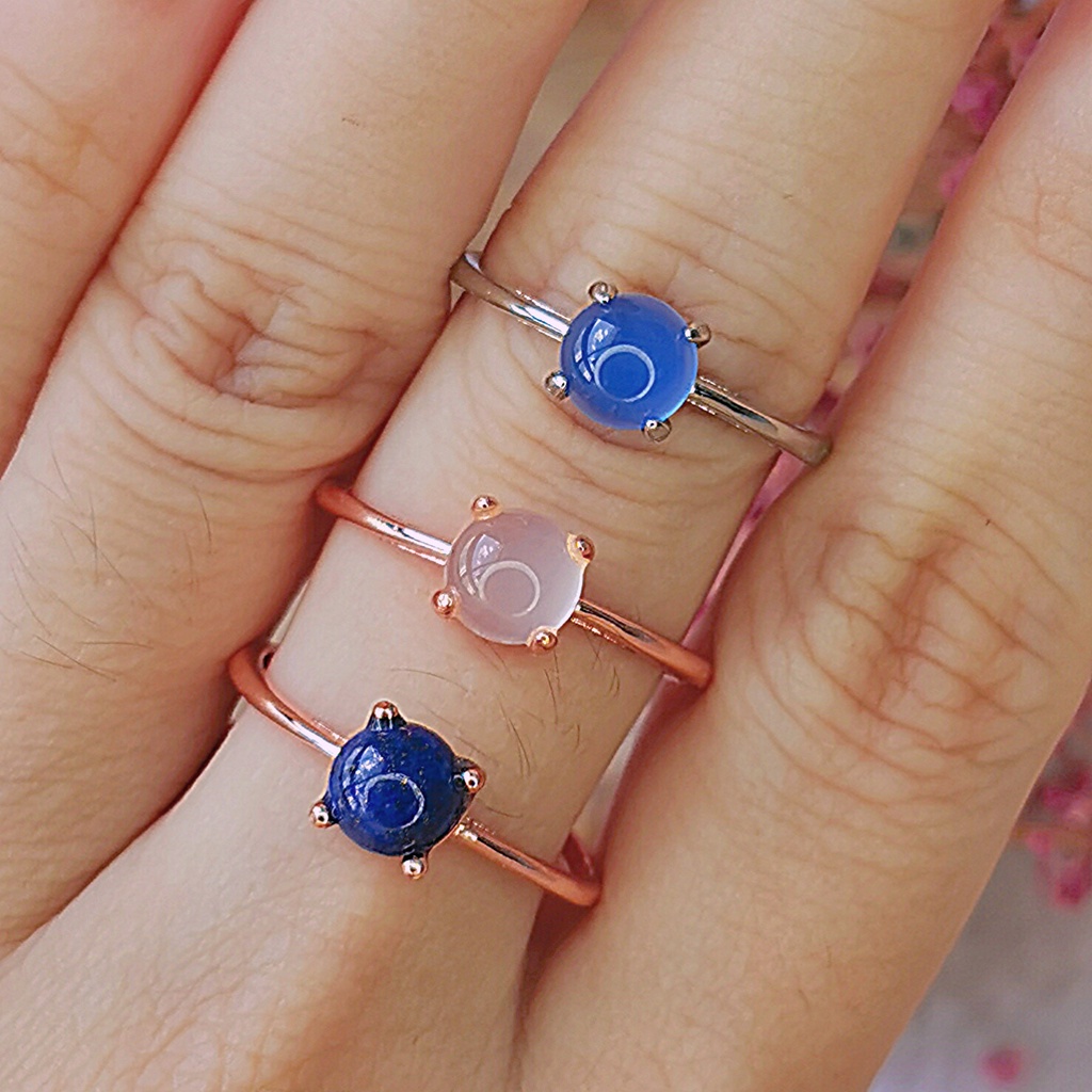 Blue Chalcedony , Rose Quartz , Lapis Lazuli Droplet Rings