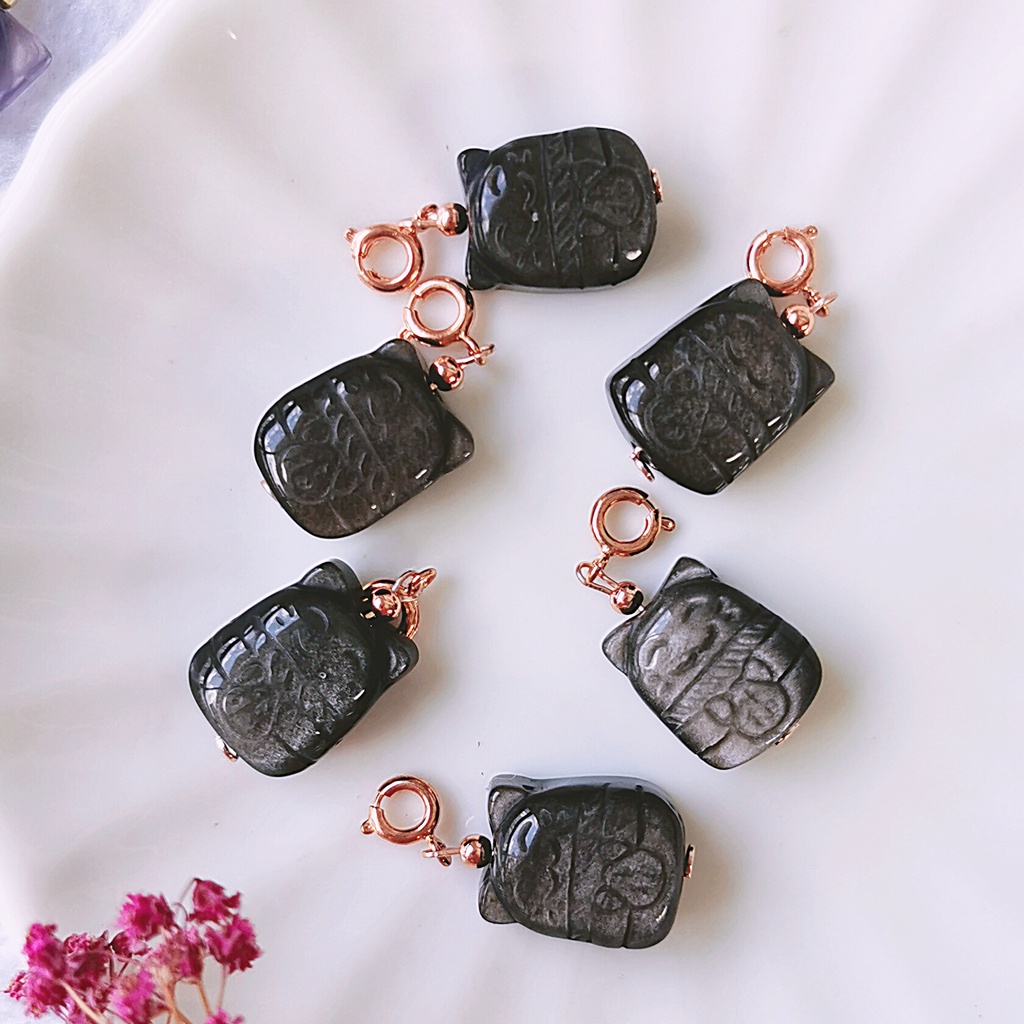 Silver Sheen Obsidian Fortune Cat Charmies 