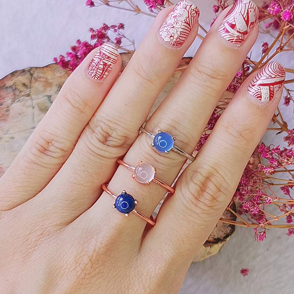 Blue Chalcedony , Rose Quartz , Lapis Lazuli Droplet Rings