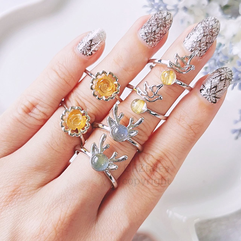 Labradorite Reindeer Bead, Golden Rutile Dove Bead, Citrine Rose Carving Bead Ring