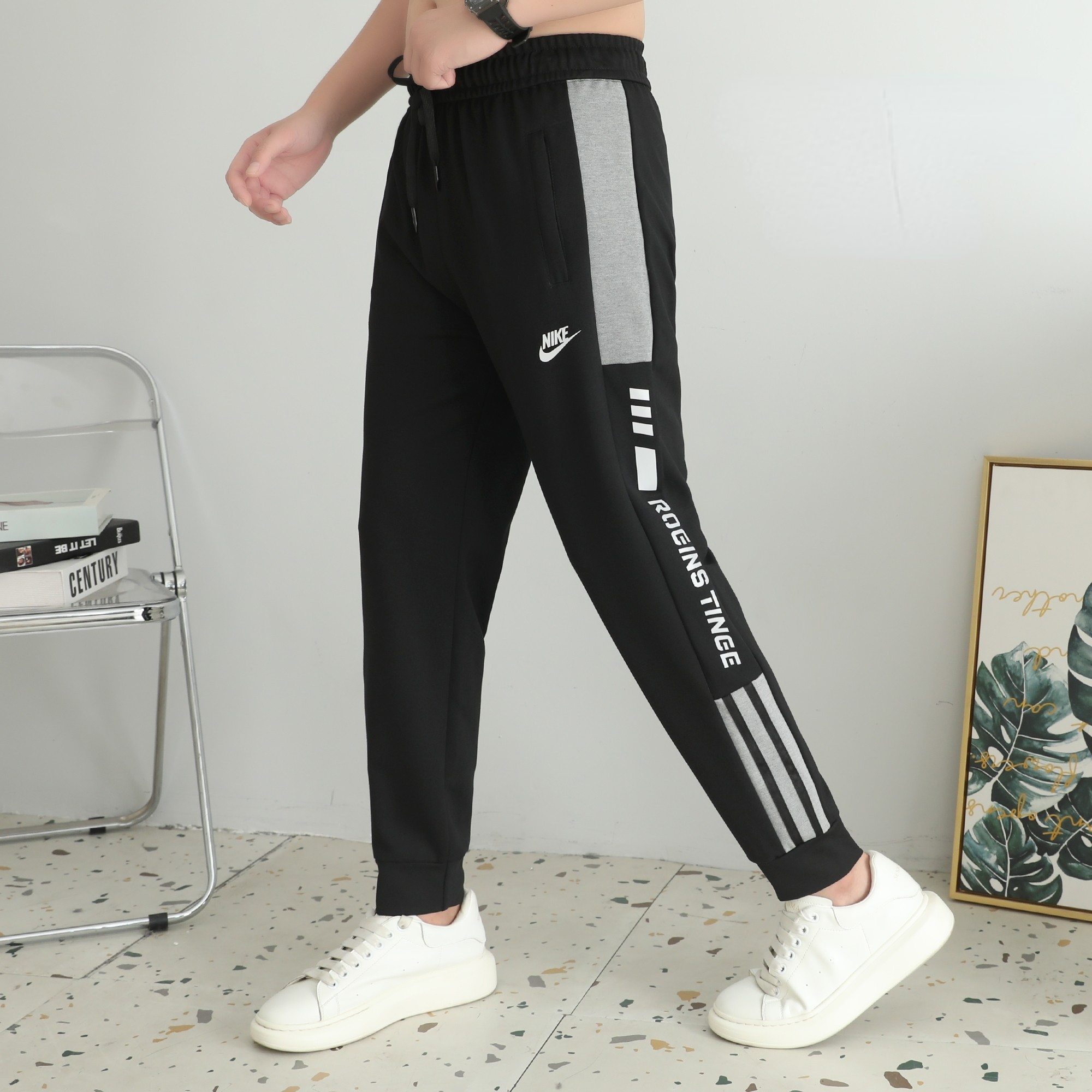 ADIDDS NIKE 2024 秋メンズズボン 360 グラムナイロン綿生地ピュアブラック 2XL-6xL