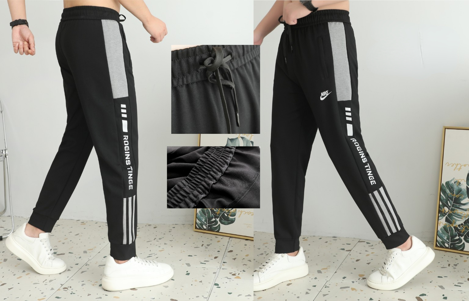 ADIDDS NIKE 2024 秋メンズズボン 360 グラムナイロン綿生地ピュアブラック 2XL-6xL