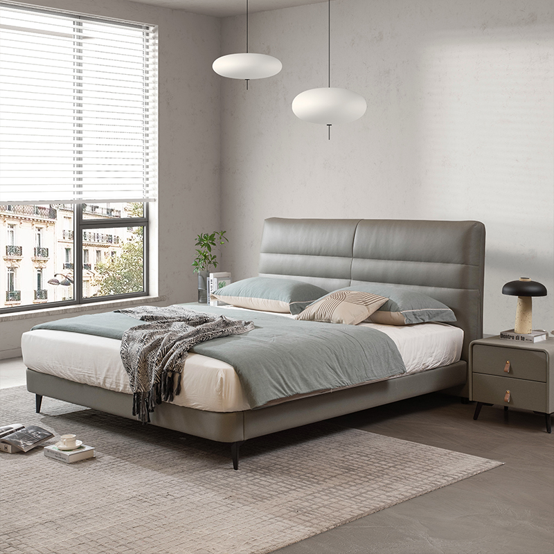 Modern Minimalism Leathaire Soft Bed ISB-023 & Bedside IB-014 (gray)