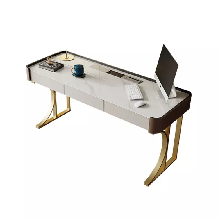 Light Luxury Sintered Stone Leather and Metal Office Table and Chair