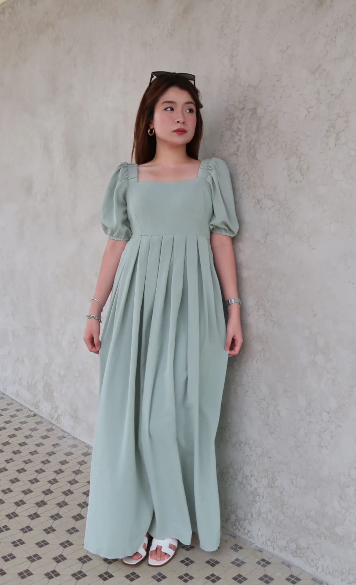 Blair Sage Dress Pleated with Buckles