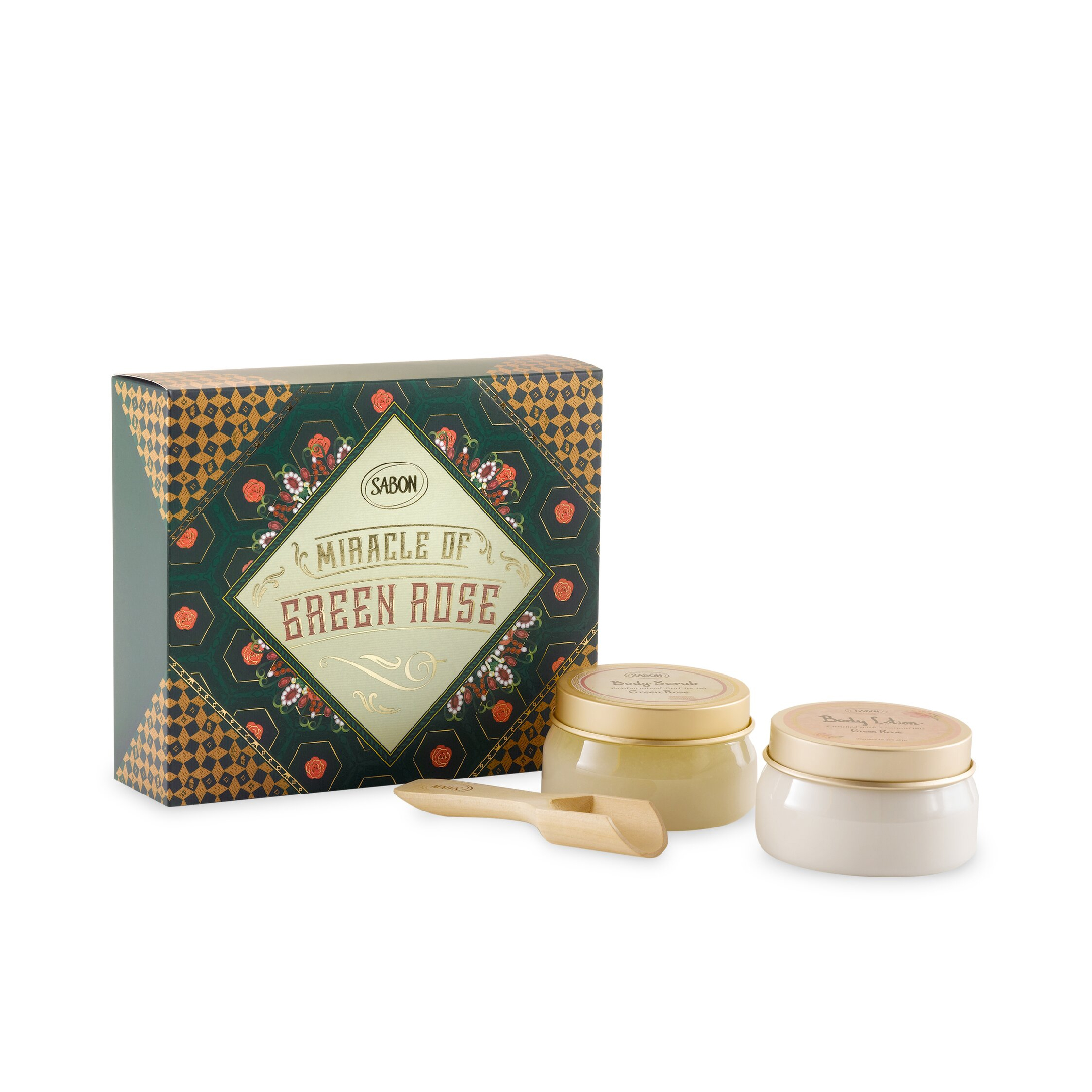 SABON MIRACLE OF GREEN ROSE ( BODY LOTION / BODY SCRUB / WOODEN SPOON )