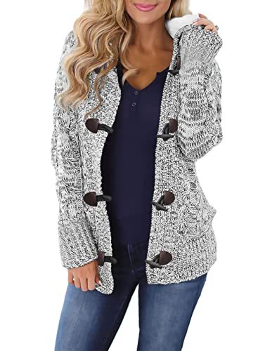 Womens 2022 Winter Hooded Cardigans Button Up Cable Knit Sweater Coat Outerwear with Pockets