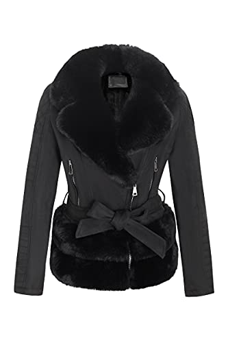Women Faux Suede Leather Jacket Motorcycle Short Sherpa-Lined Coat with Removable Belt