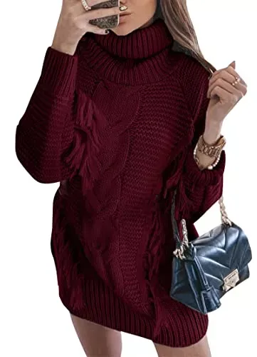 Women Fashion Sweater Short Dress Long Sleeve Turtleneck Oversized Fall Winter Soft Chunky Knit Pullover Sweaters
